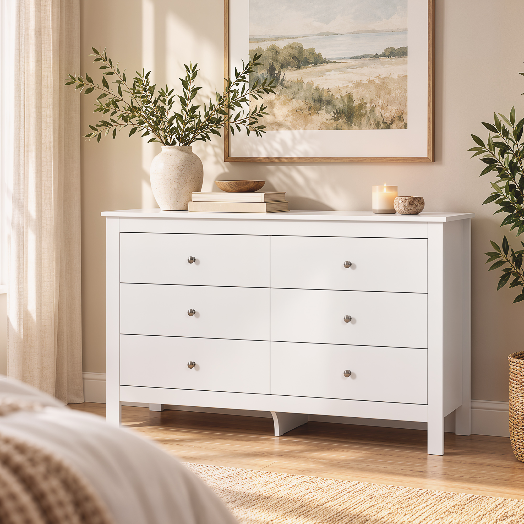 Kommode mit 6 Schubladen, Sideboard mit leichtgängigen Laufschienen für Schlafzimmer, Wohnzimmer oder Flur, 118 x 39,5 x 75,5 cm, Weiß