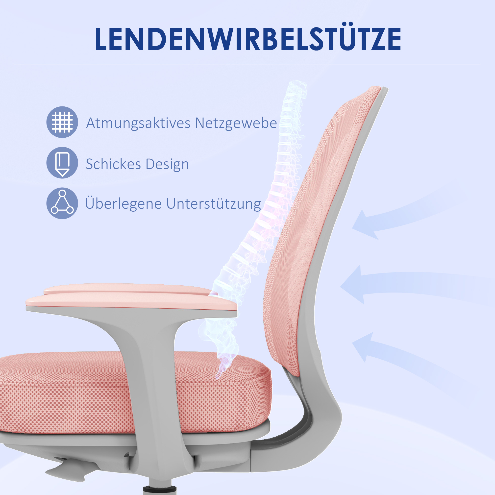 Bürostuhl, Ergonomisch Schreibtischstuhl mit Drehfunktion, Höhenverstellbar 55 x 48 x 82,5-94,5 cm Rosa