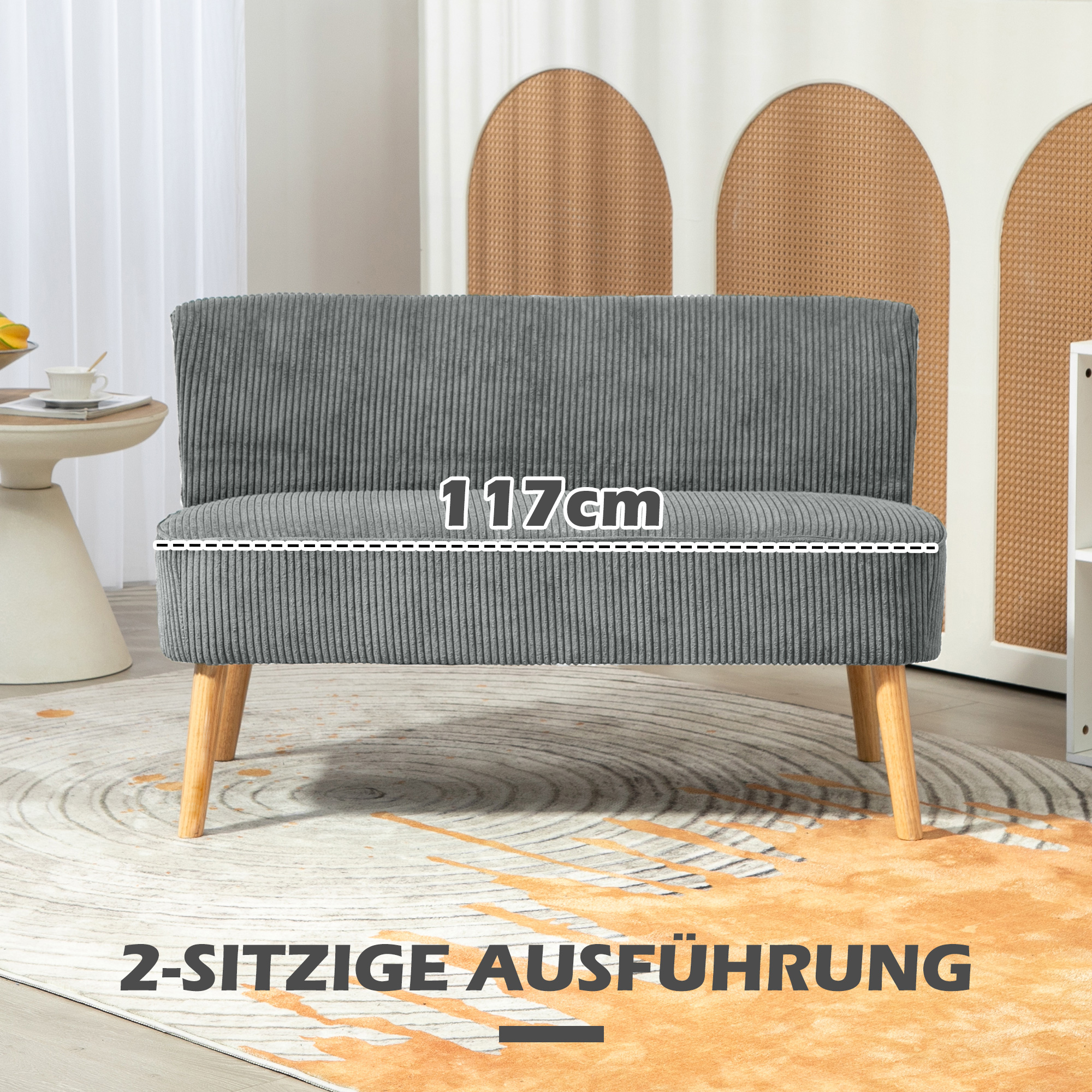 2-Sitzer Polstersofa, Holz, Samtartiges Polyester, Schaumstoff, 117 x 56,5 x 77 cm, Grau