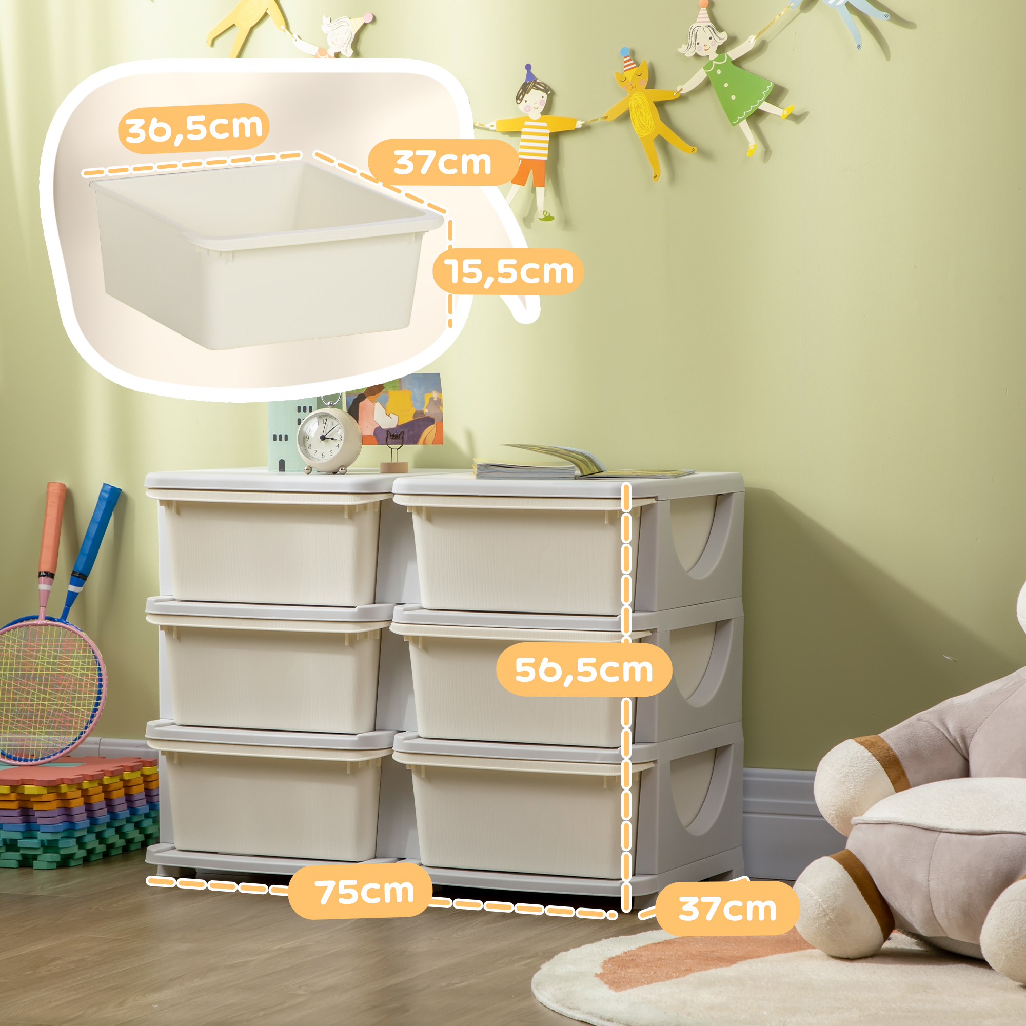 Aufbewahrungsbox für Kinder, Kinder-Aufbewahrungsbox, 3 Schubladen, Weiß