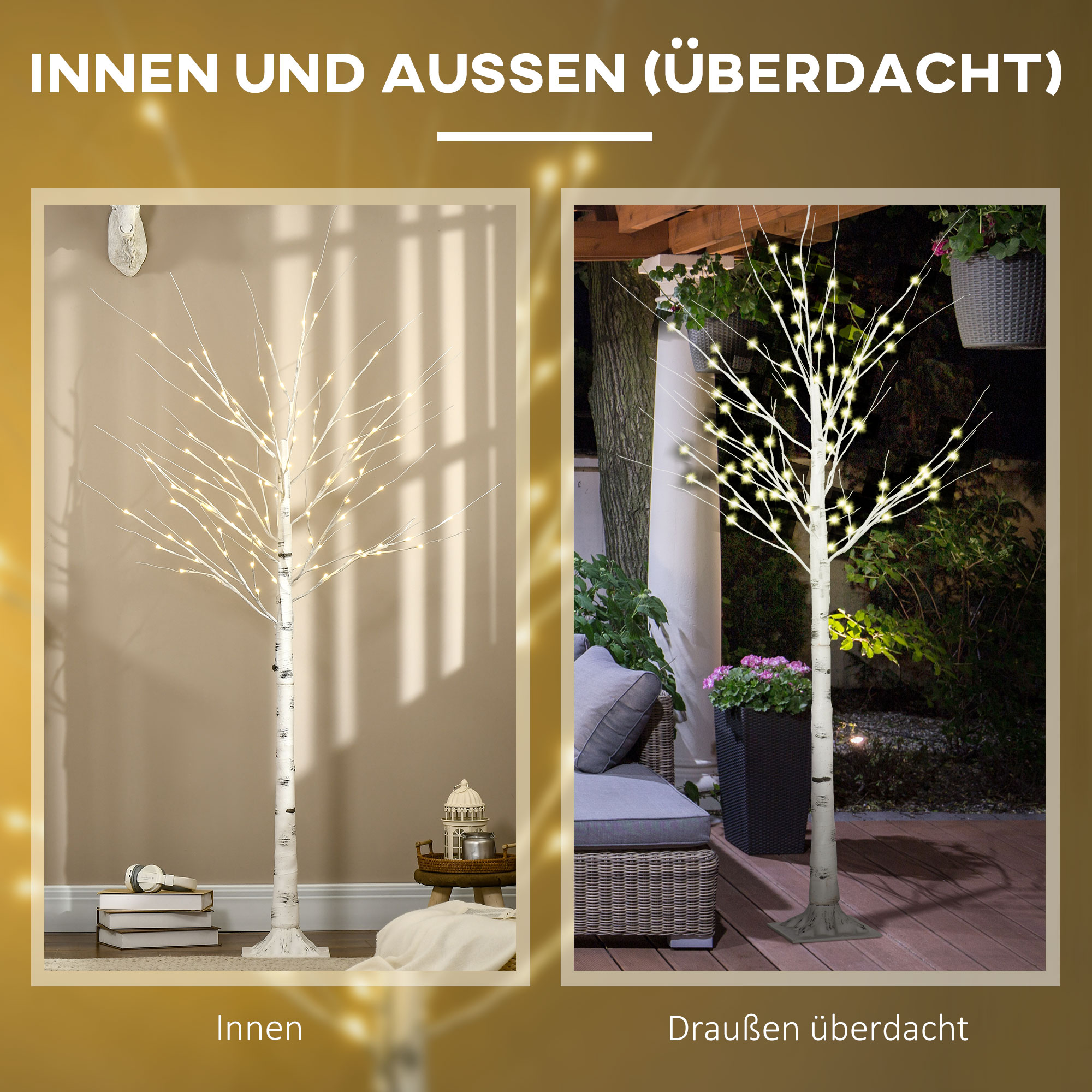 Kunstbaum, Kunstbirke, mit LED-Beleuchtung, warmweiß, realistische, weiße Rinde, 22 x 22 x 180cm