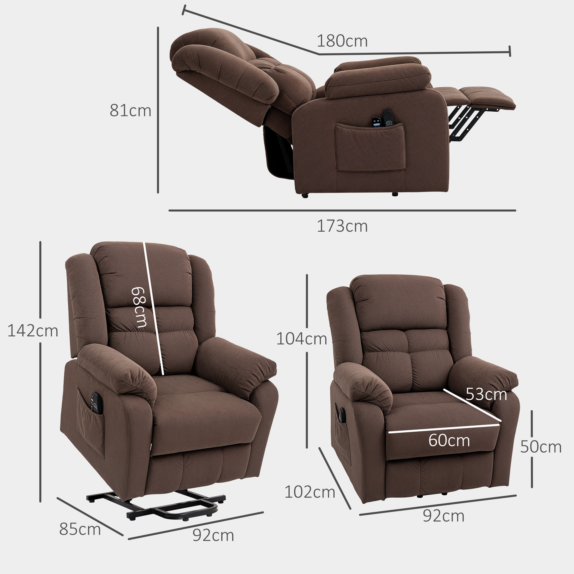 Aufstehsessel mit Massagefunktion und Lendenheizung, Recliner-Sessel mit Fernbedienungen und Seitentaschen, Dunkelbraun