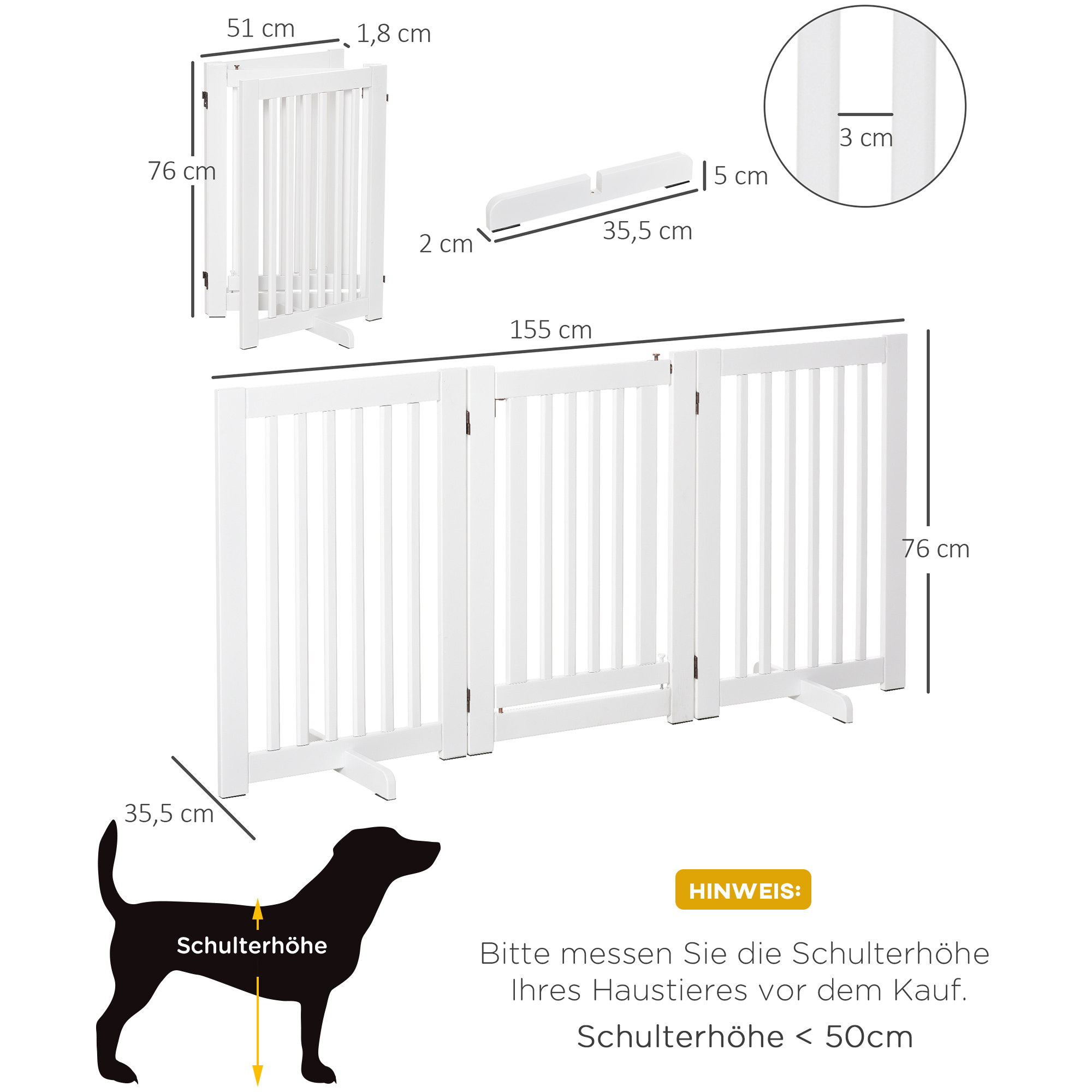 Absperrgitter Hund Freistehendes Verstellbares Schutzgitter mit Füßen 155 x 76 cm Holz Hundegitter Klappbar Treppenschutzgitter für Treppen, Türen, Küche, Flur, 3 Paneelen, Weiß