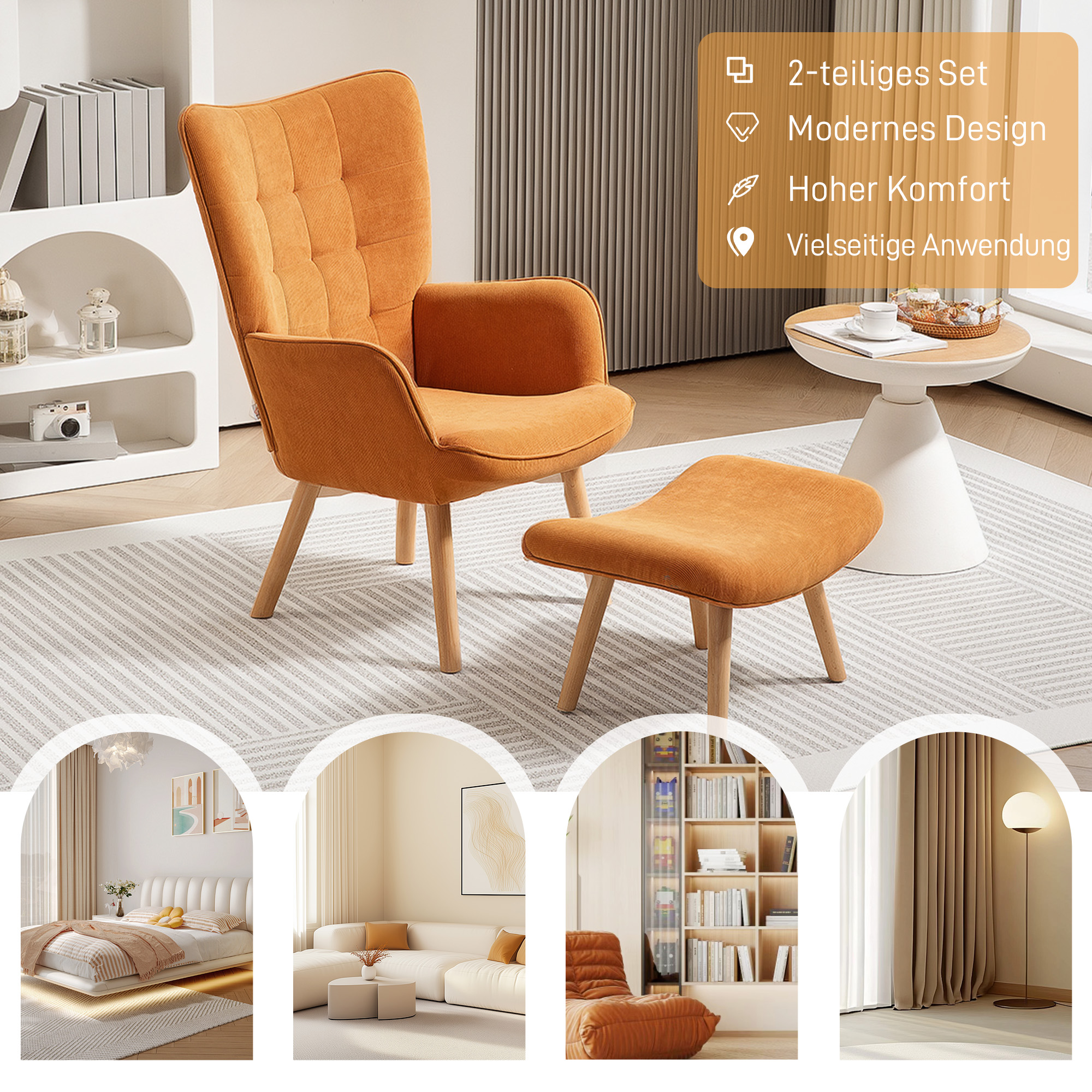 Akzentsessel mit Hocker, Relaxsessel in Cord-Optik, Armlehnstuhl mit Holzbeinen, für Wohnzimmer, Braun