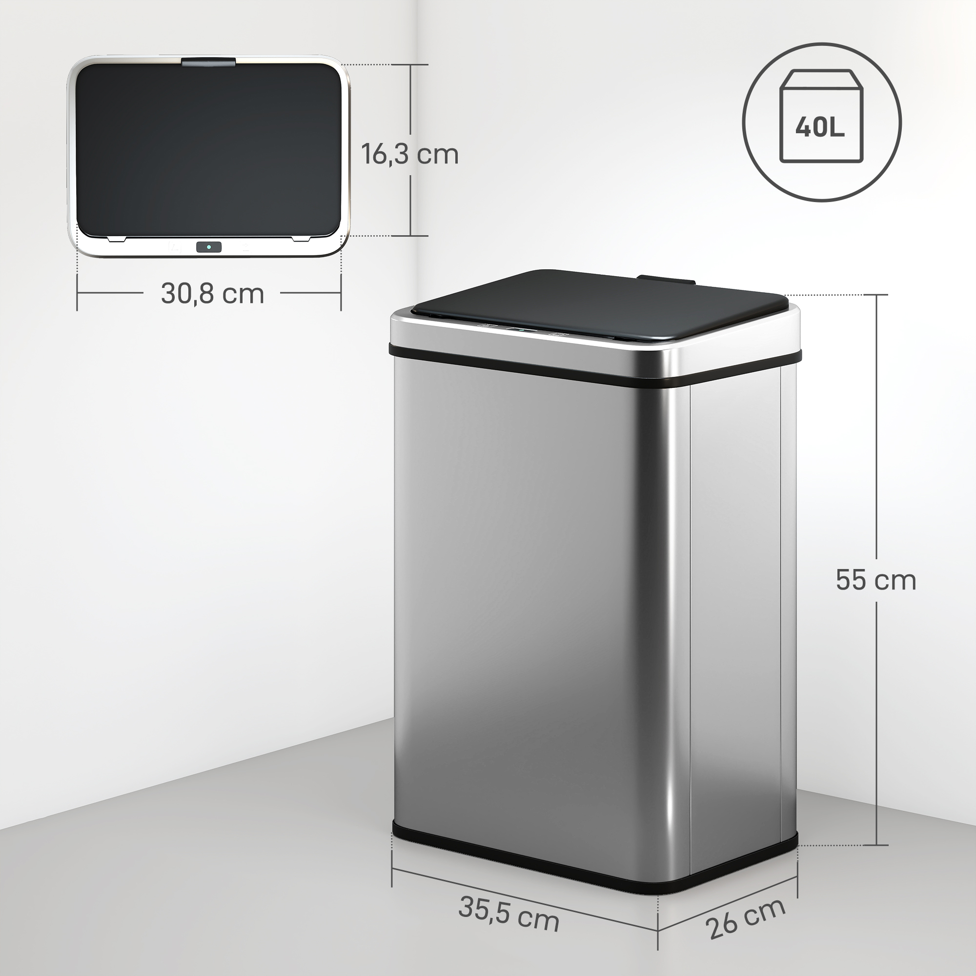 Sensor Mülleimer 40L Edelstahl Automatischer Mülleimer mit Soft-Close-Deckel Bewegungssensor 35,5 x 26 x 55 cm Silber
