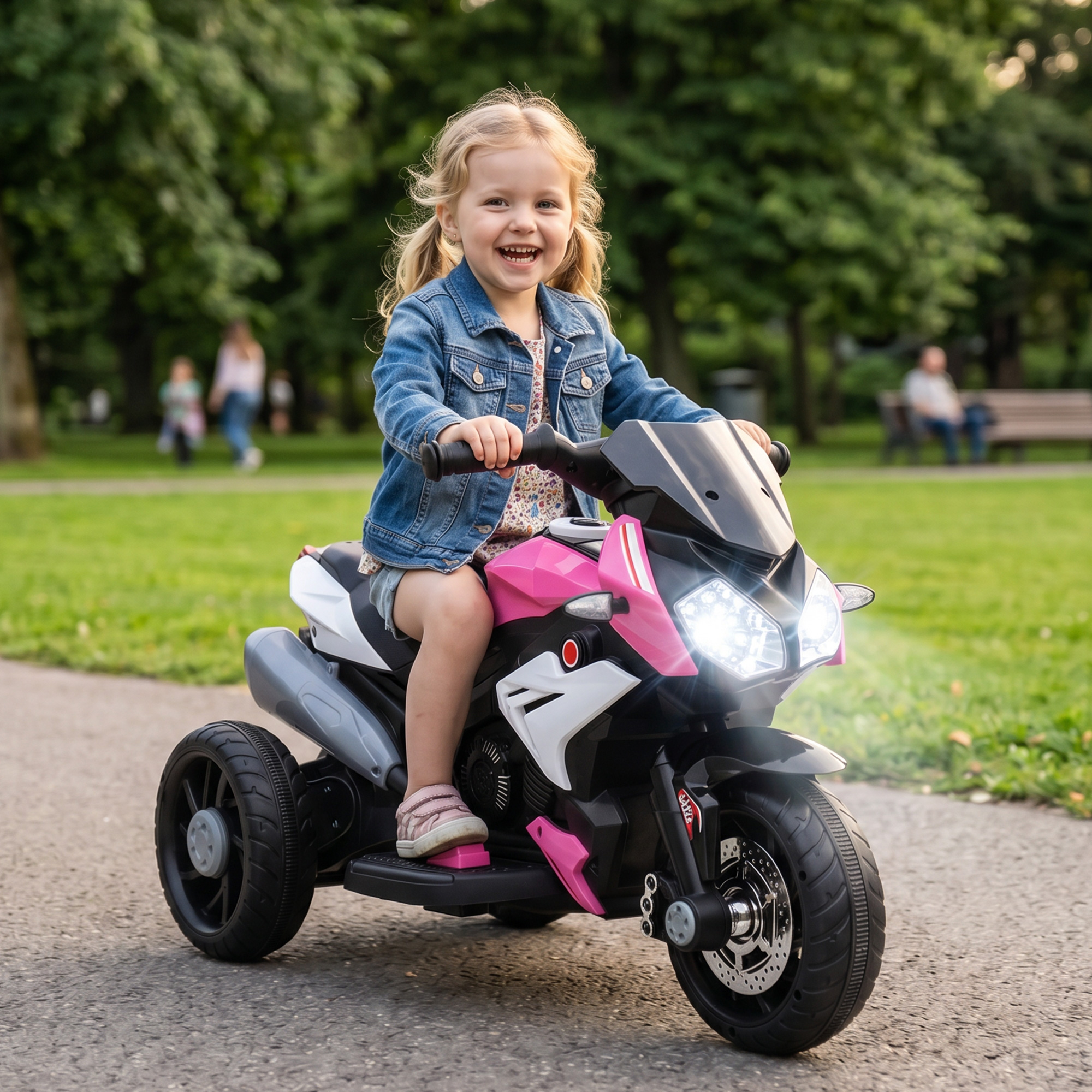 Elektro-Kindermotorrad, Lichter & Geräusche, 3 km/h, wiederaufladbar, Kunststoff & Metall, Rosa/Weiß