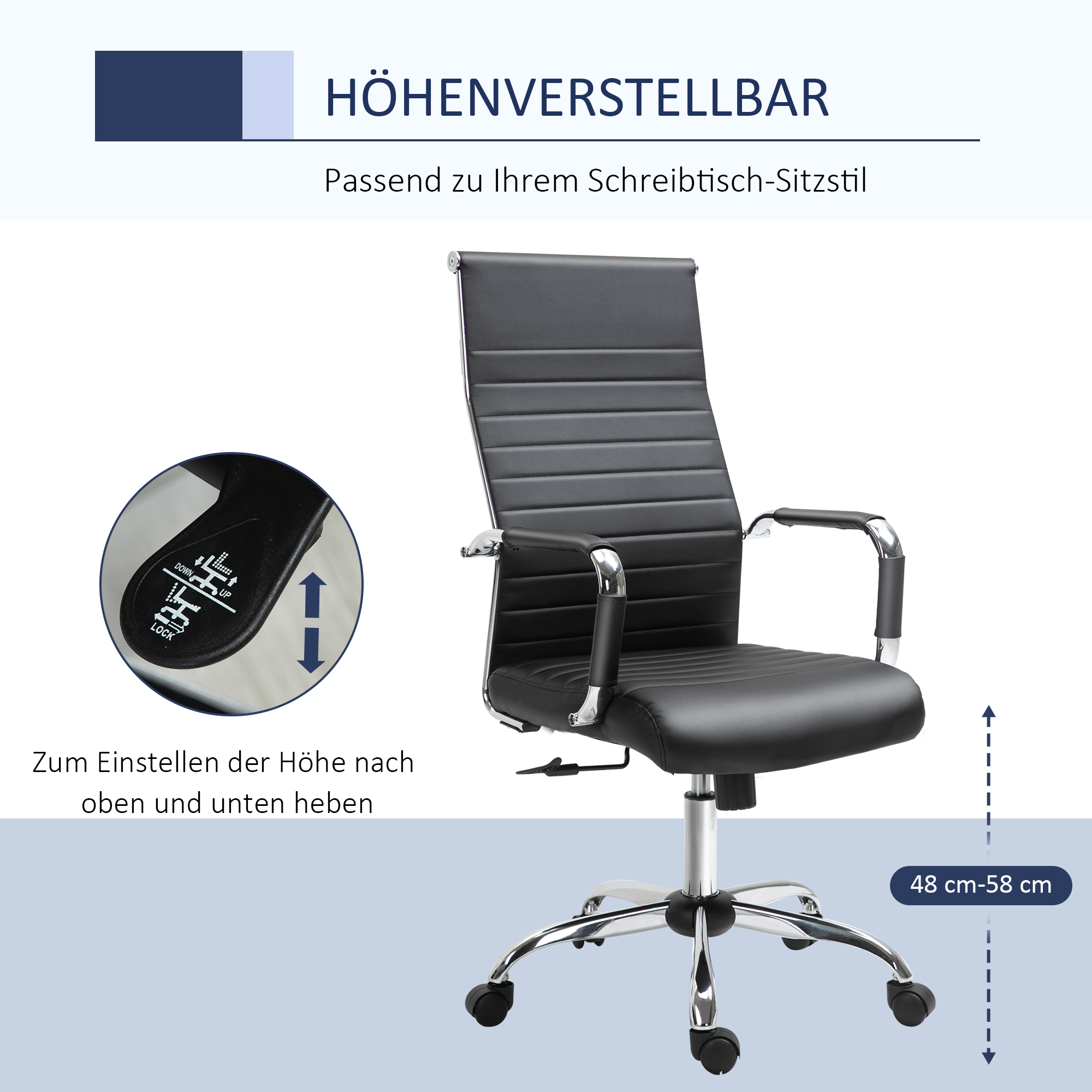 Bürostuhl ergonomischer Schreibtischstuhl mit Wippfunktion Chefsessel höhenverstellbarer Drehstuhl gepolstert Kunstleder Schaumstoff Schwarz 54 x 62 x 104-114 cm