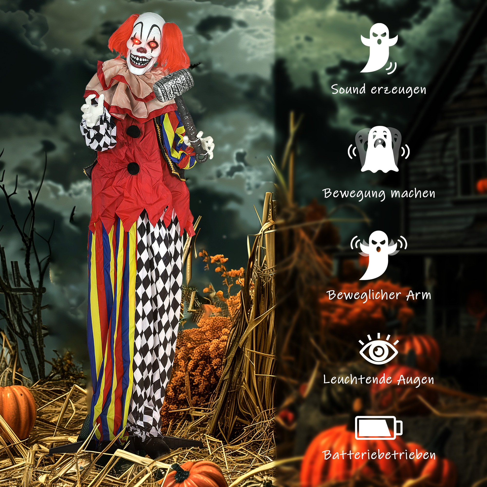 Grusel-Clown, Halloween-Animatronik, 173 cm, leuchtende Augen, Geräusch-Aktivierung, bewegliche Arme und Kopf, Batteriebetrieb, Kunststoff, Metall, Rot