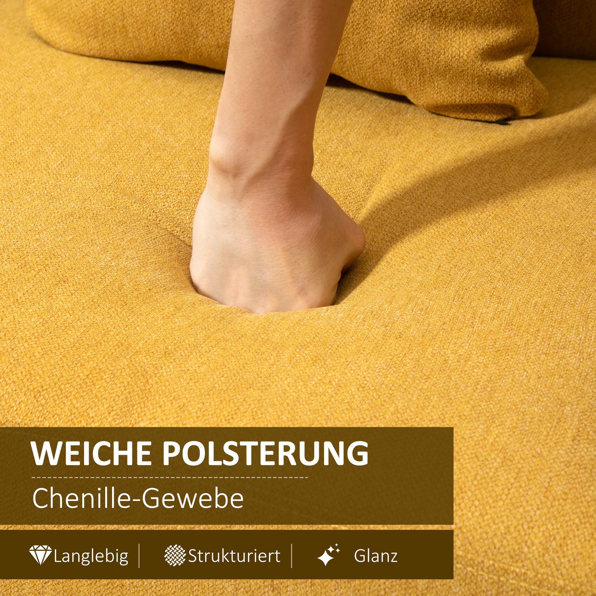 2 Sitzer Sofa, Couch mit 2 Wurfkissen, gepolsterter Doppelsofa, Polstersofa mit Samtopik, Armlehne, Loveseat für Wohnzimmer, Schlafzimmer,  130 x 70 x 80 cm, Gelb