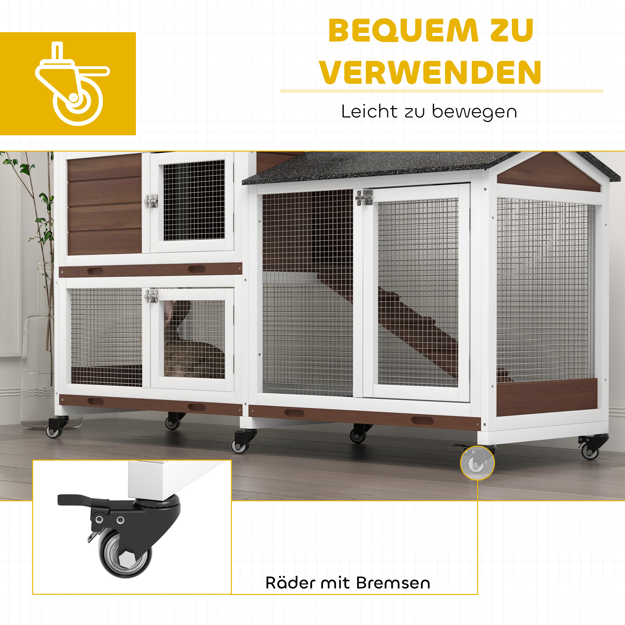 Kleintierstall mit Rollen, Zwergkaninchenstall, Freilaufgehege, Asphaltdach, Kleintierhaus, Zwergkaninchenauslauf, Holz, Stahl, Braun