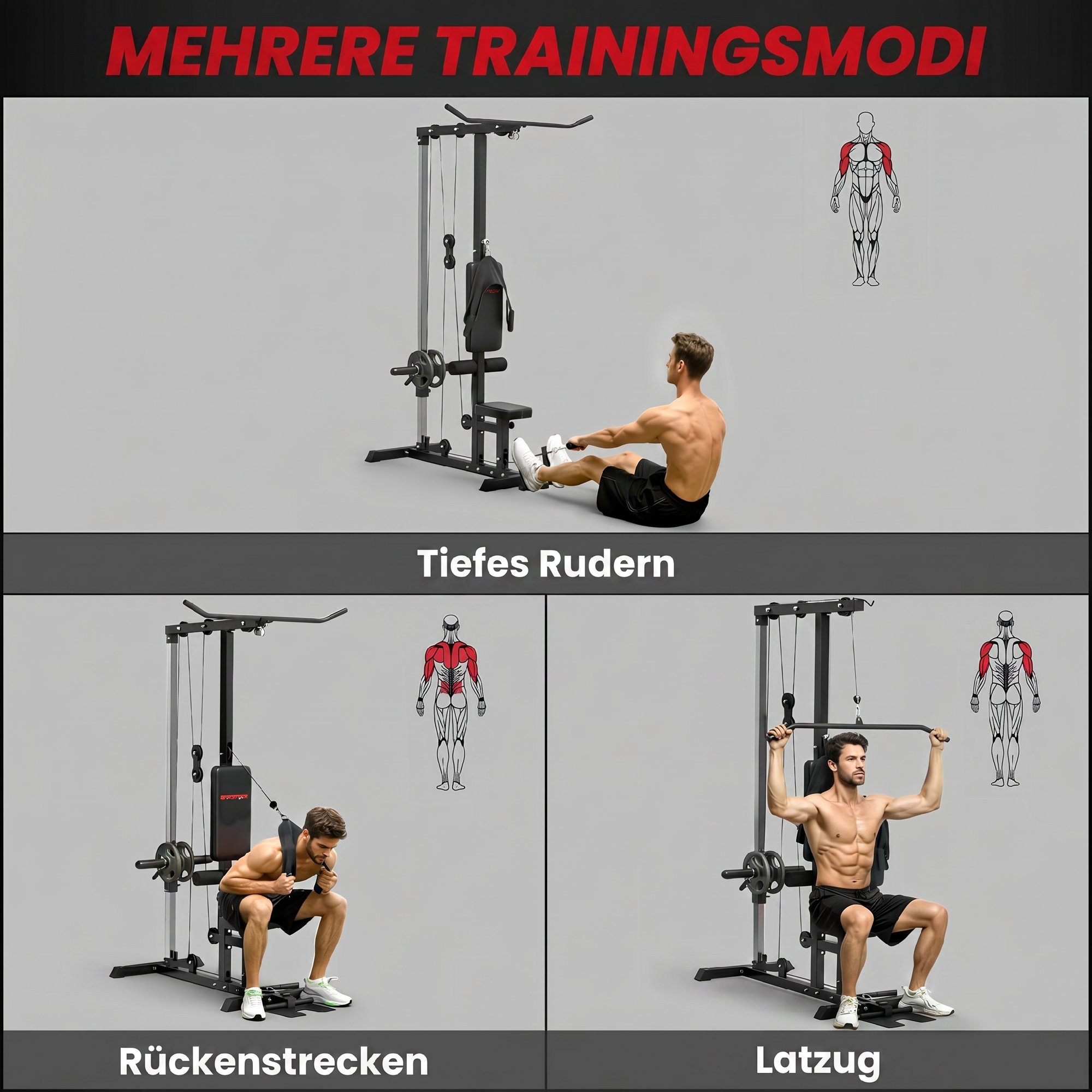 Kraftstation für Zuhause, Ruderzüge, ohne Gewichte, Fitnessgerät für Zuhause, Stahl, Kunstleder, Schwarz