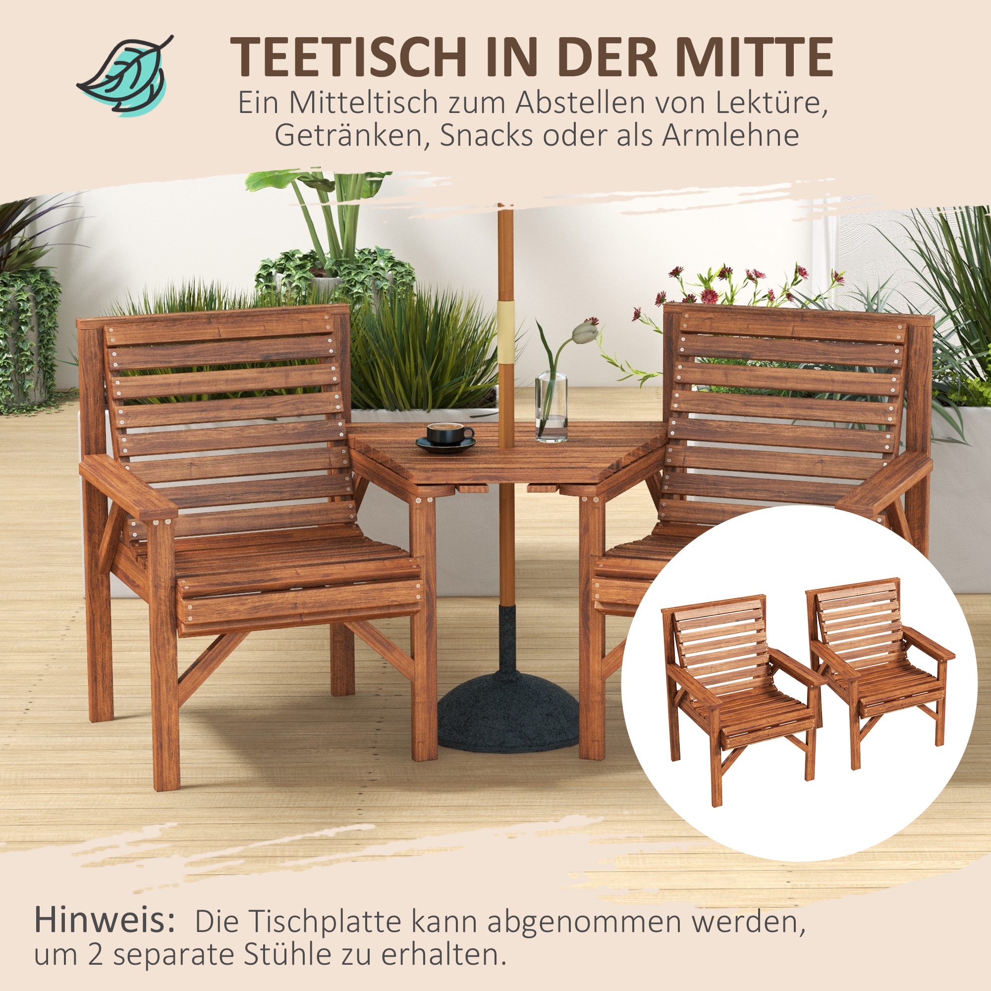 Bistro-Set 3-teilig aus Holz Wetterfest Gartenmöbel Set mit Lamellendesign Sonnenschirmloch Verkohlt