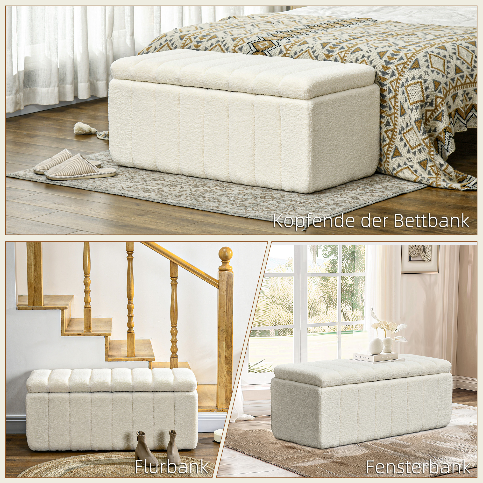 Polsterbank, Bettbank mit Stauraum, belastbar bis 120kg, 102x45x46cm, Cremeweiß