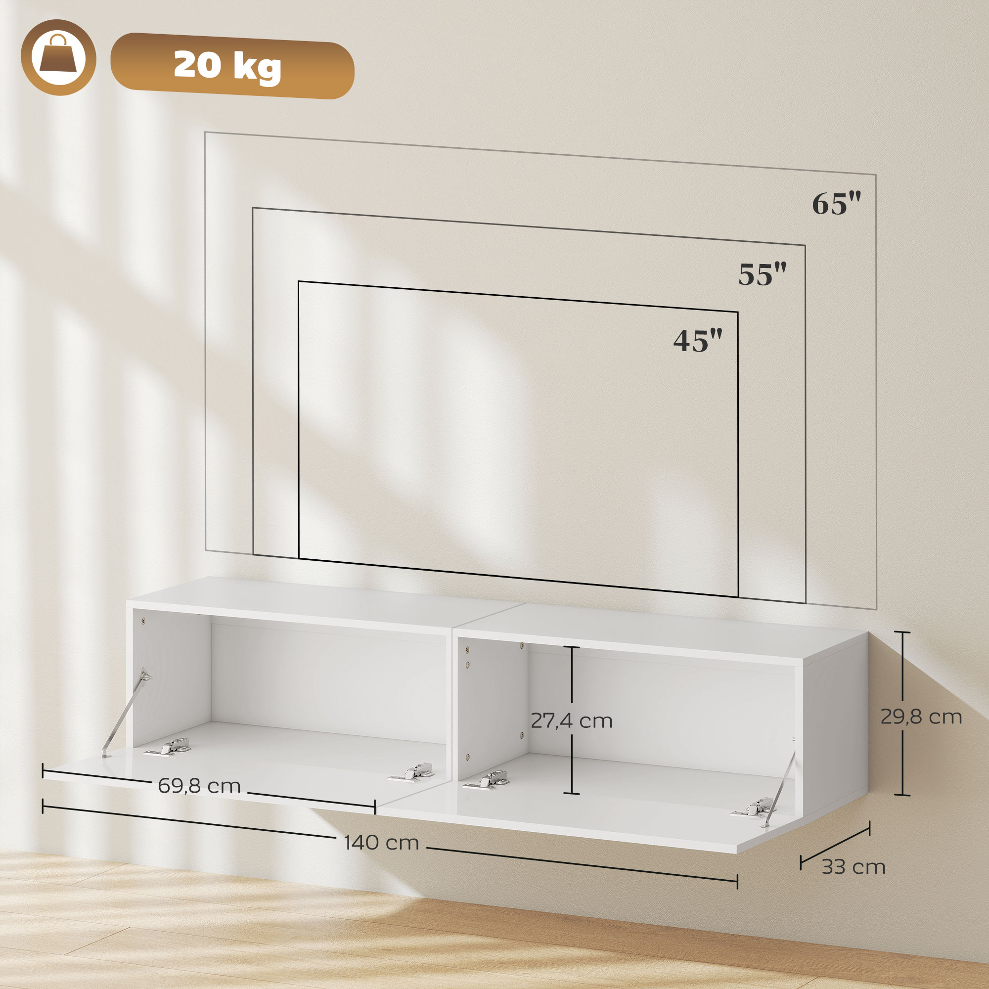 Wandmontierter TV-Schrank, schwebende TV-Kommode mit viel Ablagefläche und Stauraum, Spanplatte, Weiß