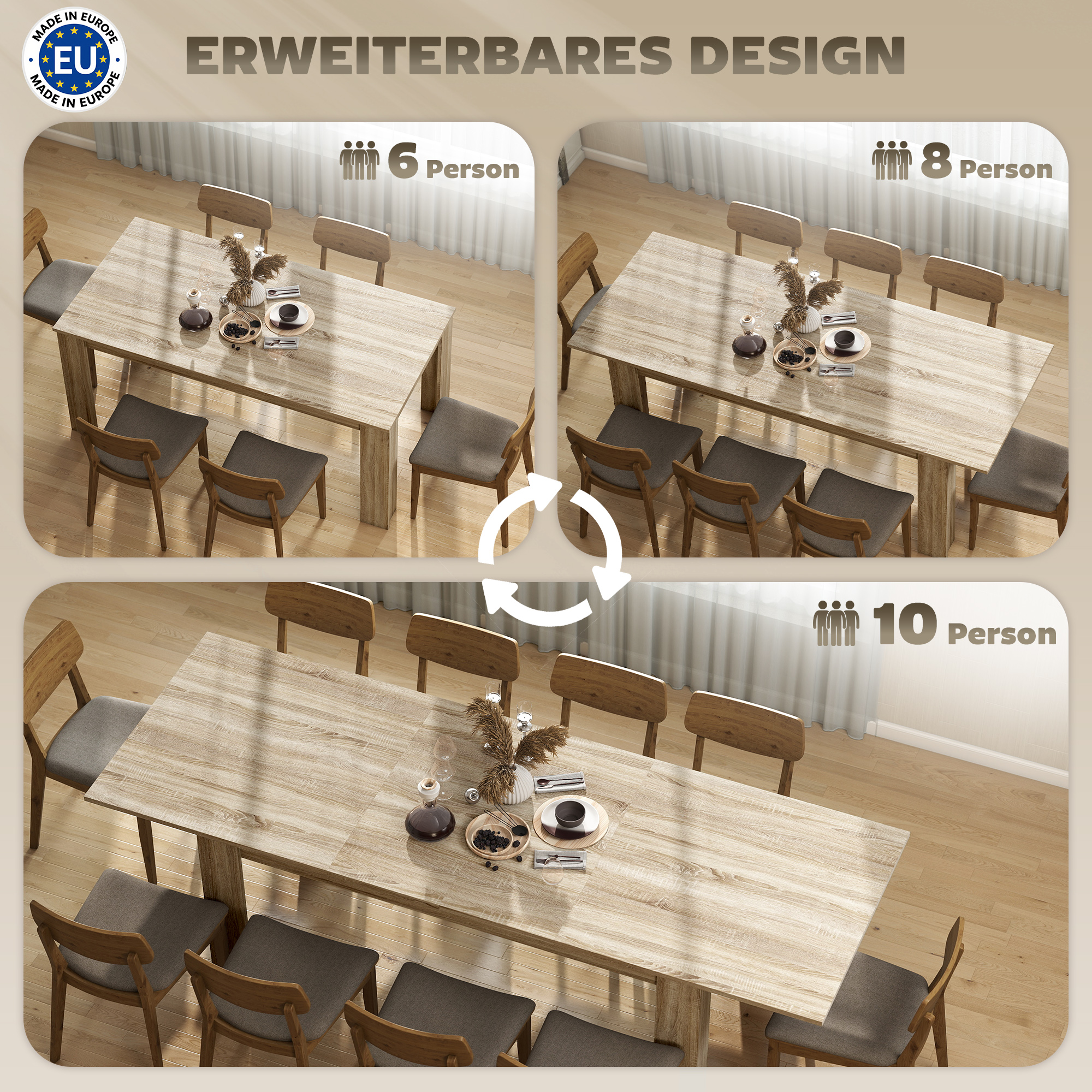 Ausziehbarer Esstisch, von 180 auf 260 cm erweiterbar, für 6-10 Personen, Holz