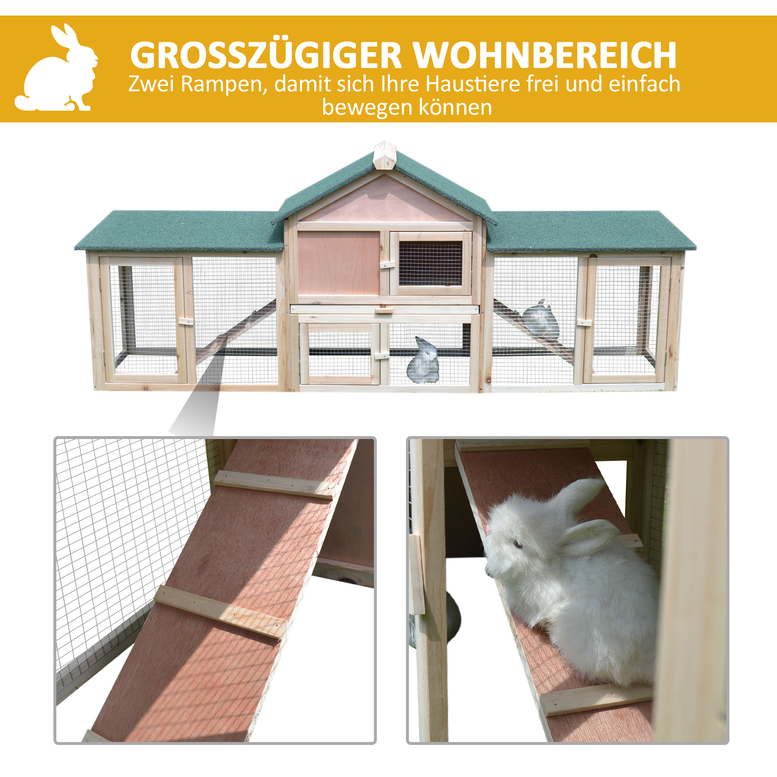 Kleintierstall mit 2 Freiluftgehegen Tannenholz Grau + Schwarz