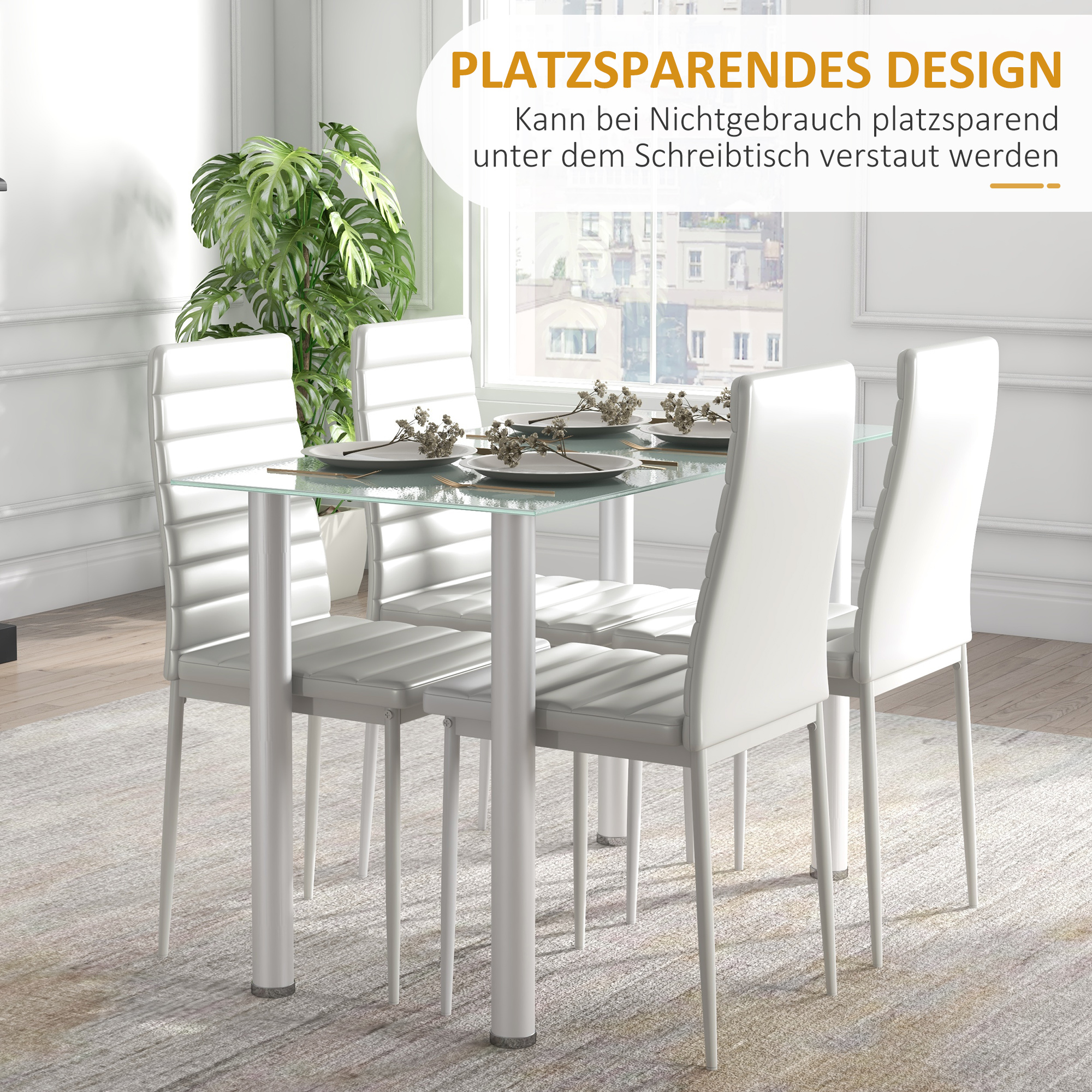 5-tlg, Essgruppe Sitzgruppe Esstisch mit 4 Stühlen, modernes Design, Glastisch, Weiß