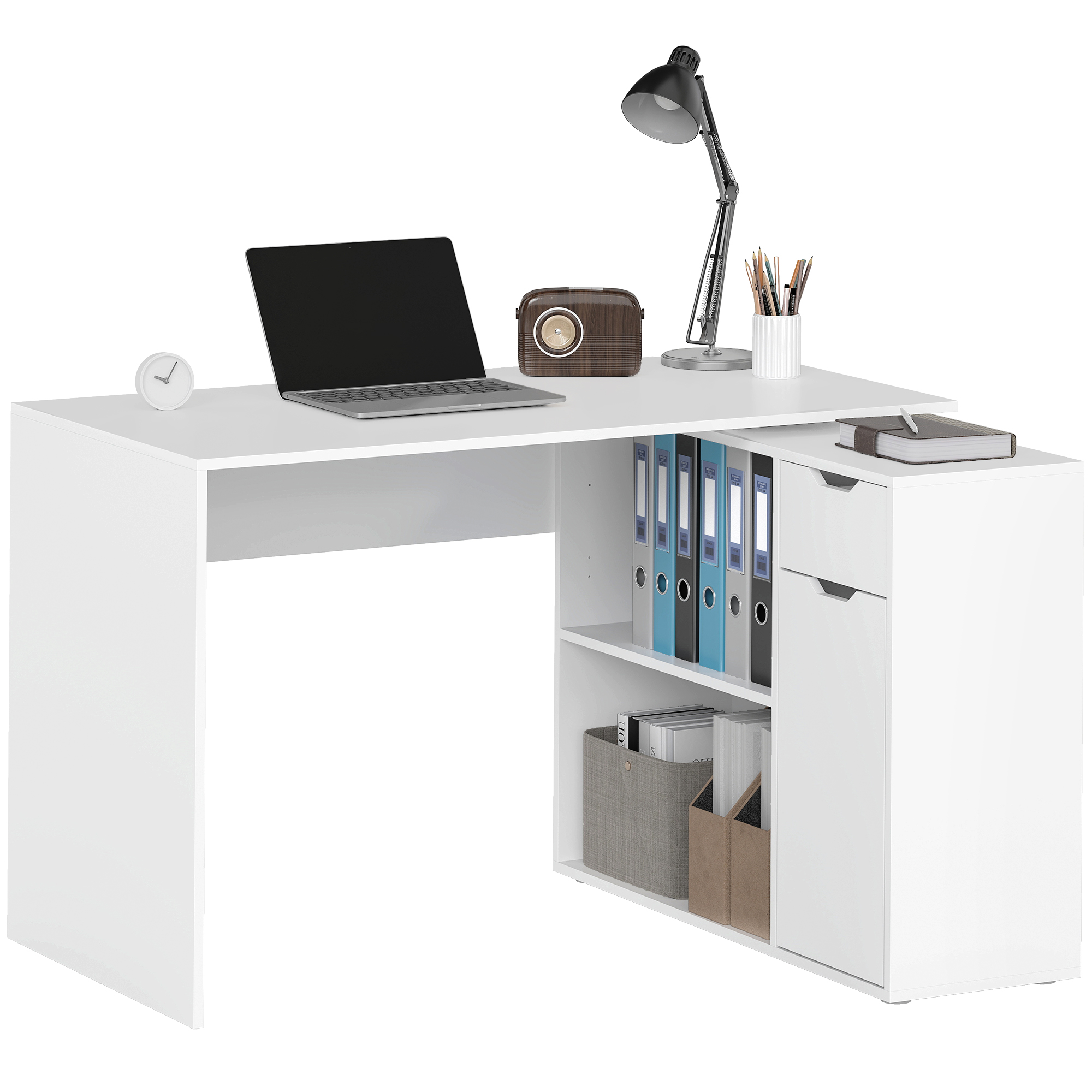 Flexibler Schreibtisch, 2-stufiger Schrank, Schublade, offene Fächer, Holz, Weiß