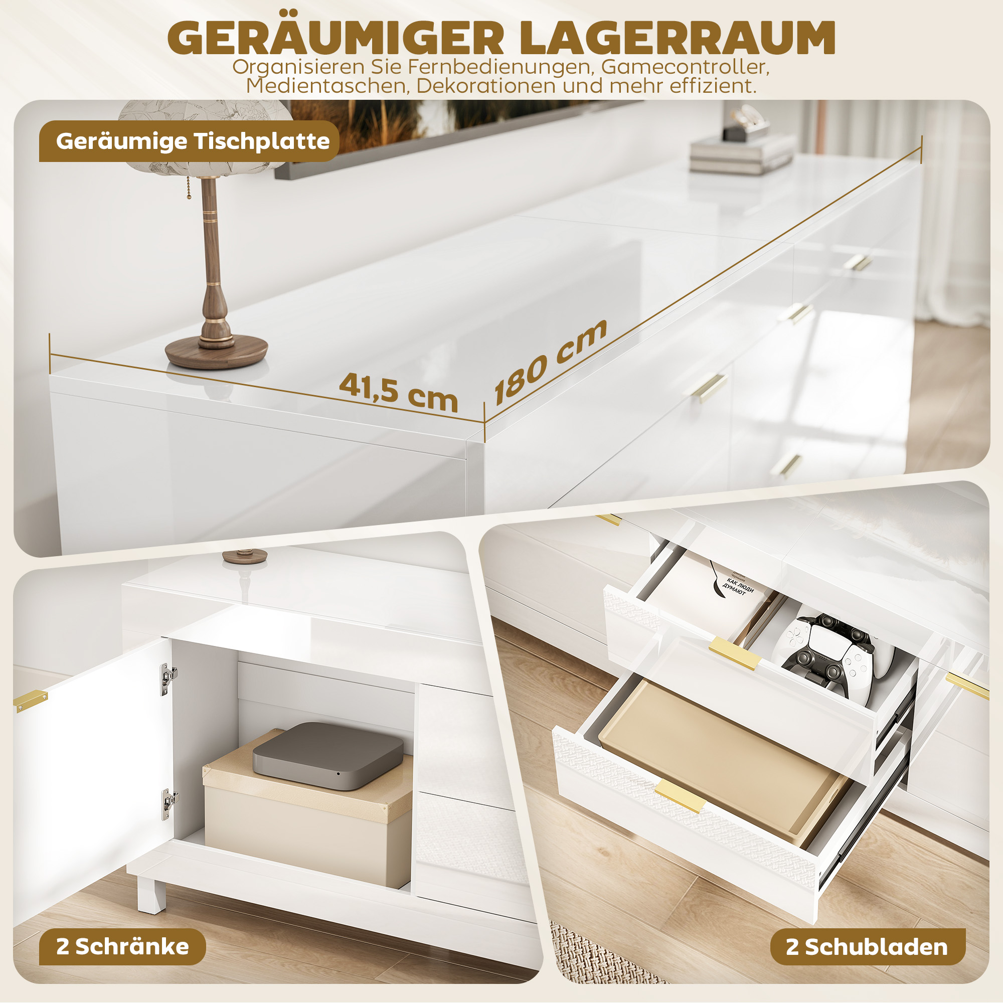 TV-Schrank für Fernseher bis zu 75 Zoll, modernes Entertainment-Center mit 2 Schränken und 2 Schubladen, Hochglanz Weiß