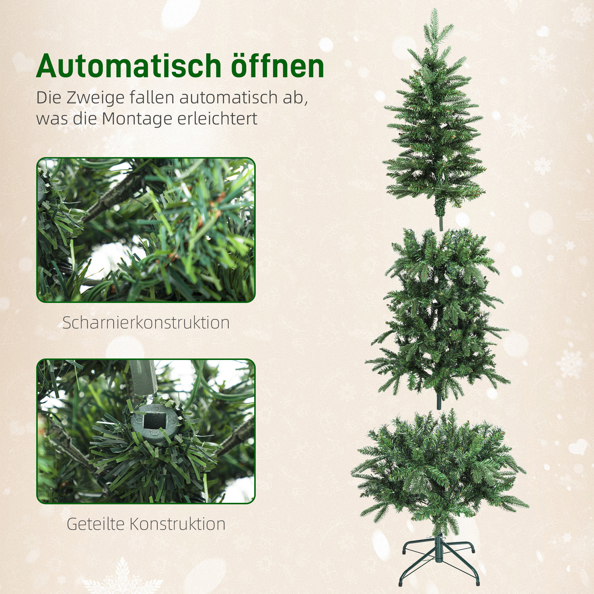 Weihnachtsbaum künstlich 180 cm Christbaum mit 605 dichten Zweigen, 200 warmweiß LED Indoor