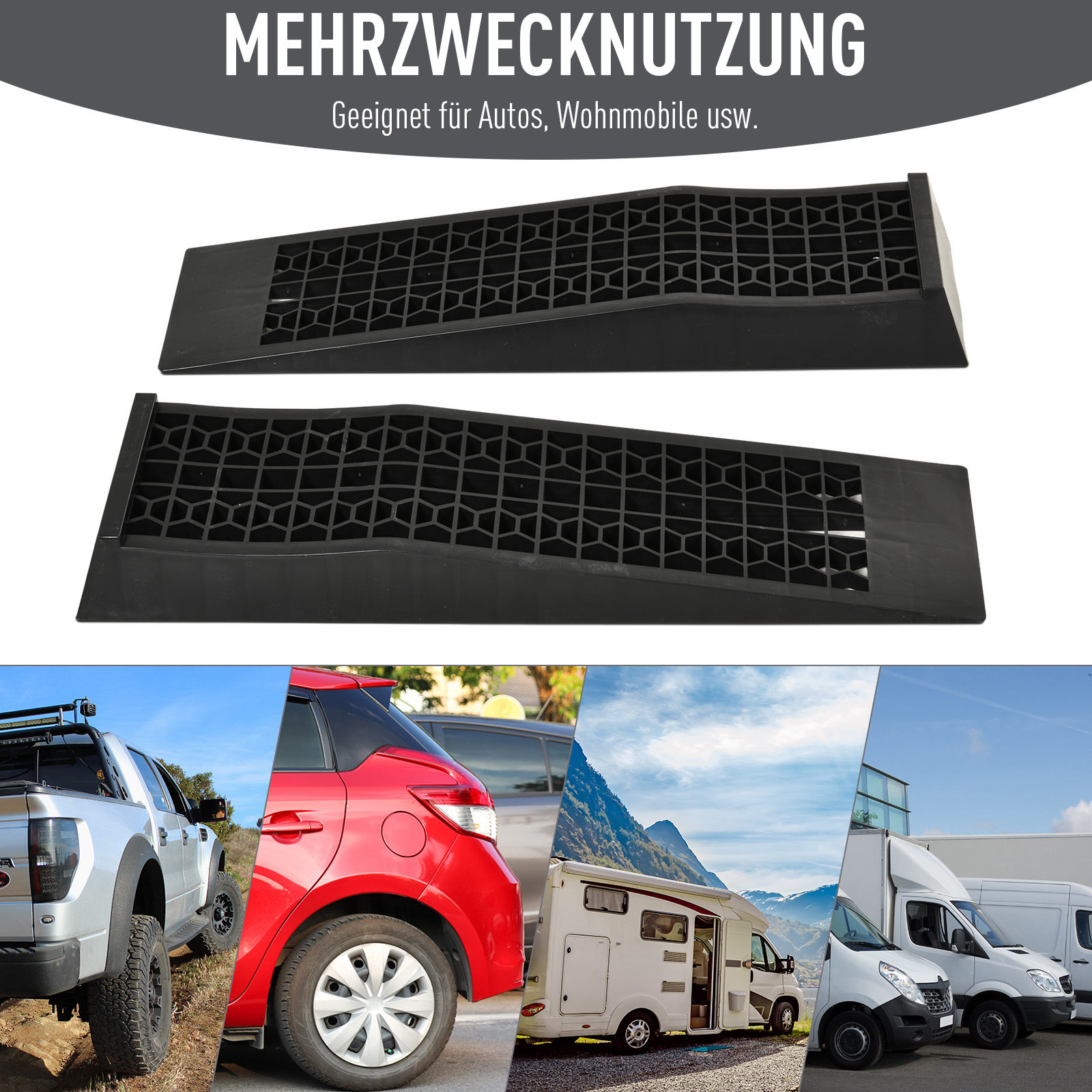 2-teiliges Auffahrrampen-Set, Schwellenrampe, Bordsteinrampe, Gummirampen, 3 Tonnen Tragkraft, Kunststoff, Schwarz