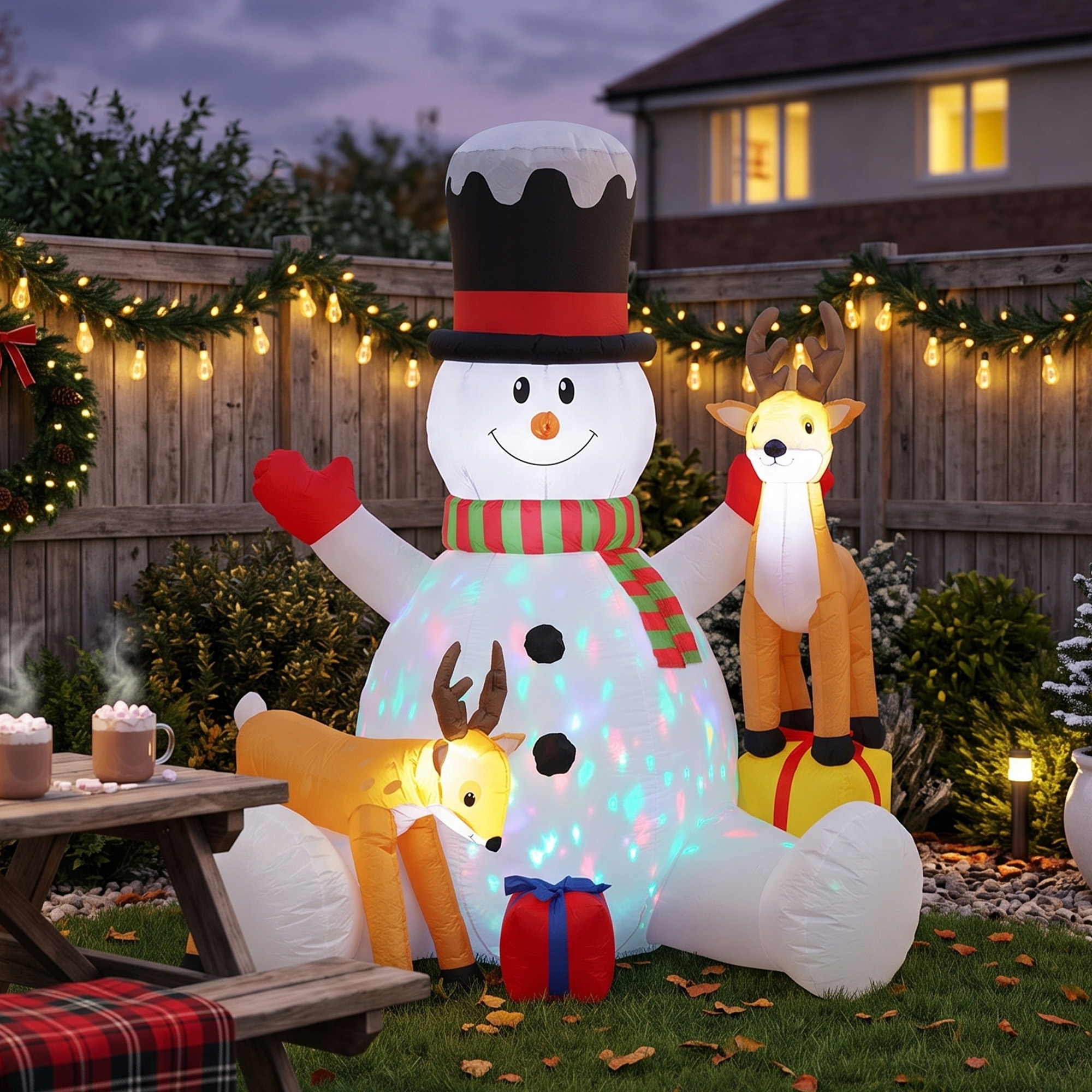 Aufblasbarer Weihnachts-Schneemann mit 2 Rentieren, 215 cm, für draußen, mit LEDs und Tasche