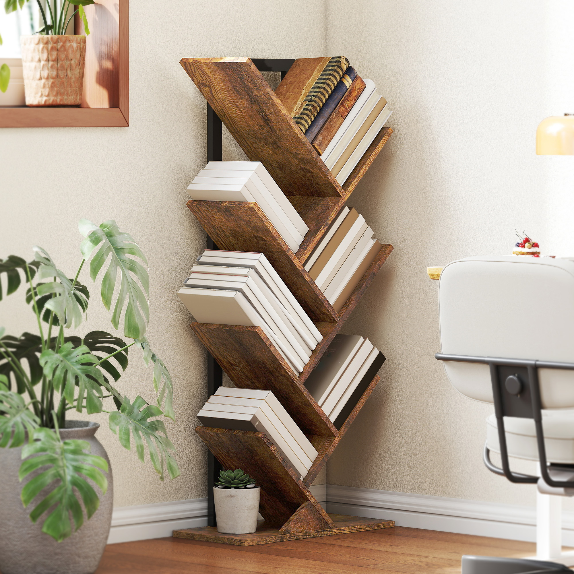 Bücherregal Standregal mit 7 Ebenen Schmal Regal im Baumform für Büro, Rustikal Braun