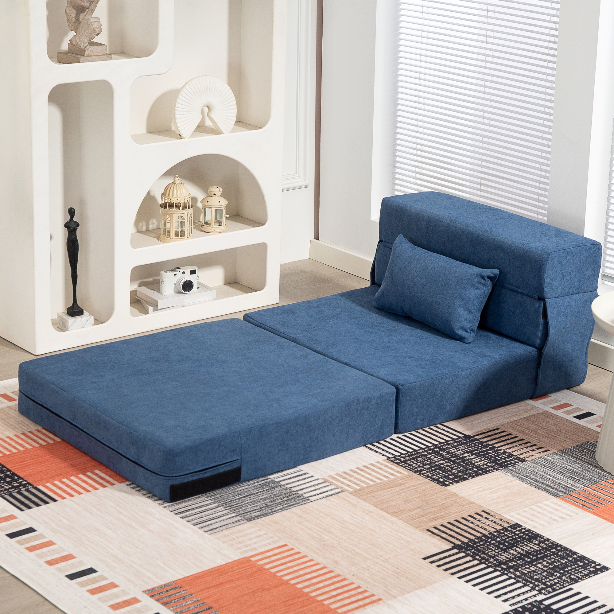 Bodensofa, Polstercouch, in Matratze umwandelbar, Schaumstoff, Kissen, Dunkelblau