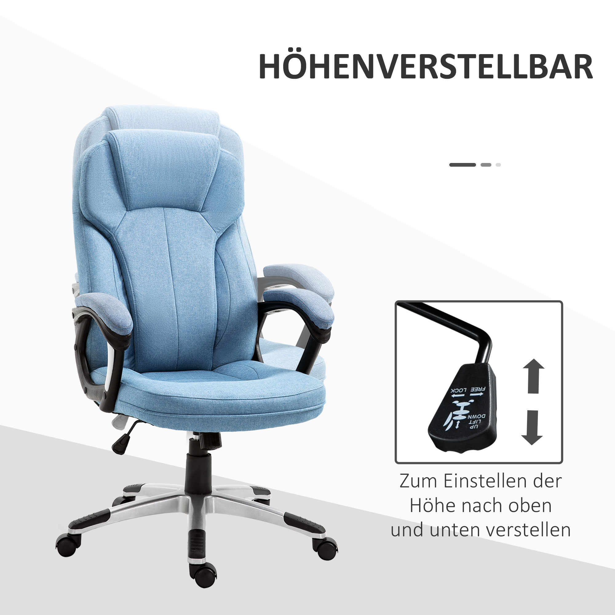 Bürostuhl Computerstuhl Drehstuhl höhenverstellbar Wippfunktion mit Kopfstütze und gepolsterte Armlehnen Ergonomisch Hellblau Leinen 66 x 75 x 110–120 cm