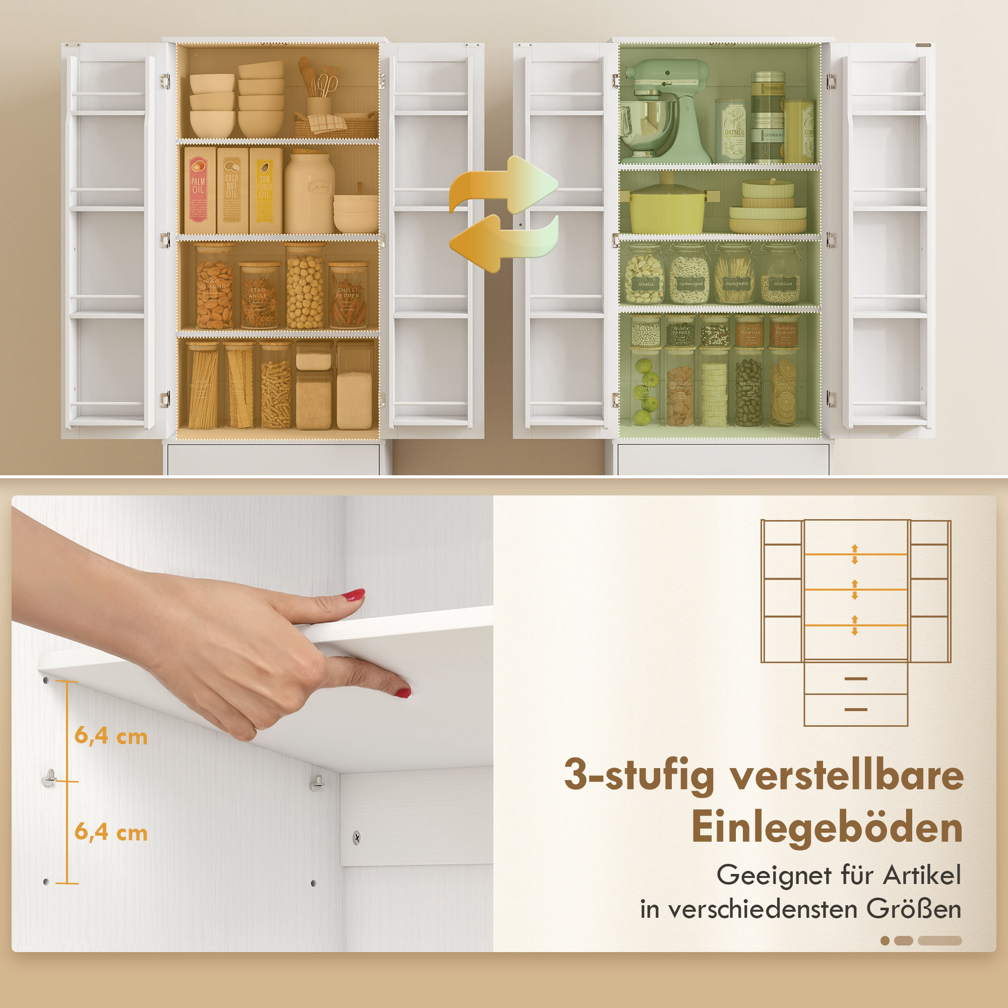 159 cm Küchenschrank, verstellbare Regale, 2 Schublade, für Küche, Esszimmer, Spanplatte, MDF, Weiß