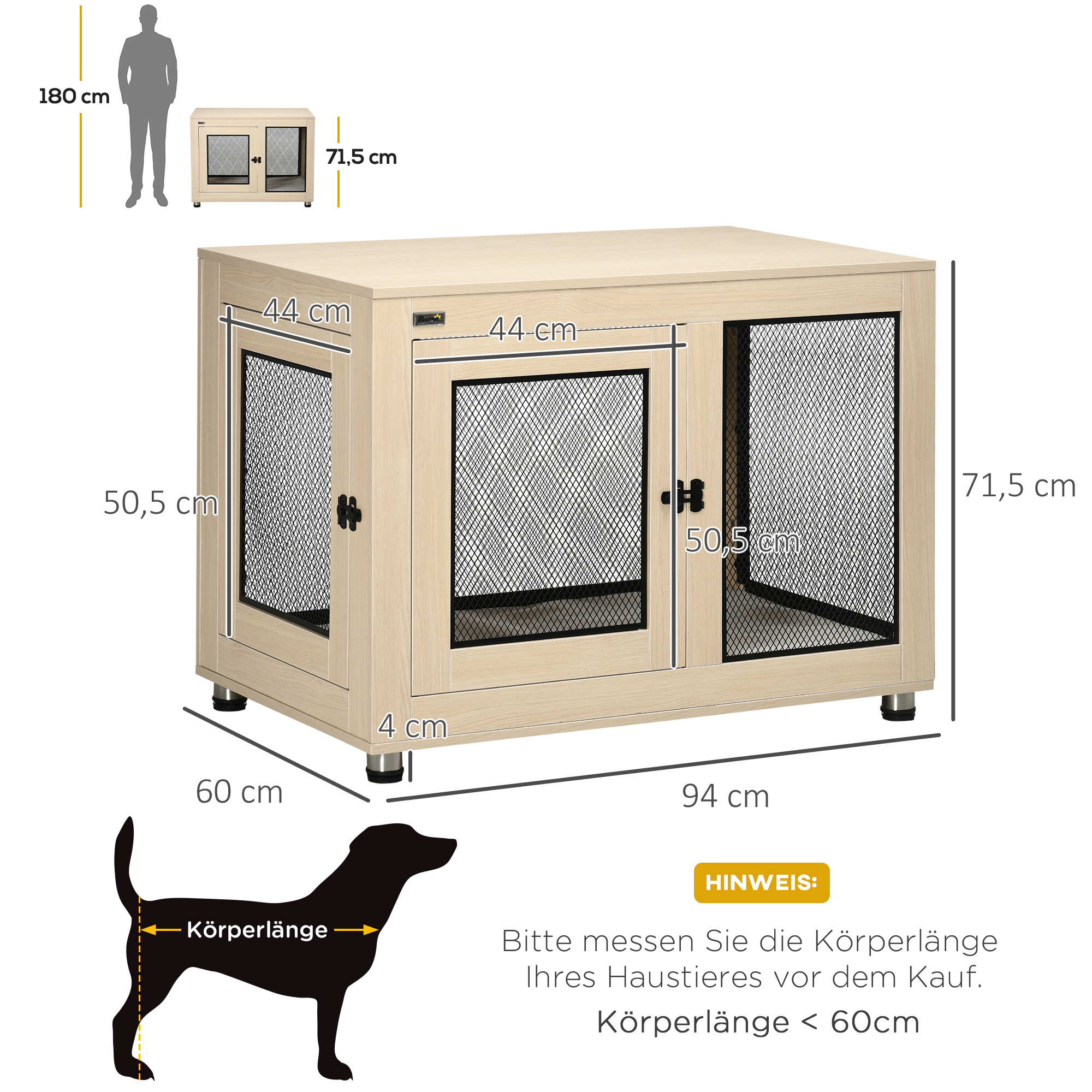 Hundebox Hundekäfig, Modernes Design, verriegelbar, 2 Türen, 94 cm x 60 cm x 71,5 cm, Natur + Schwarz