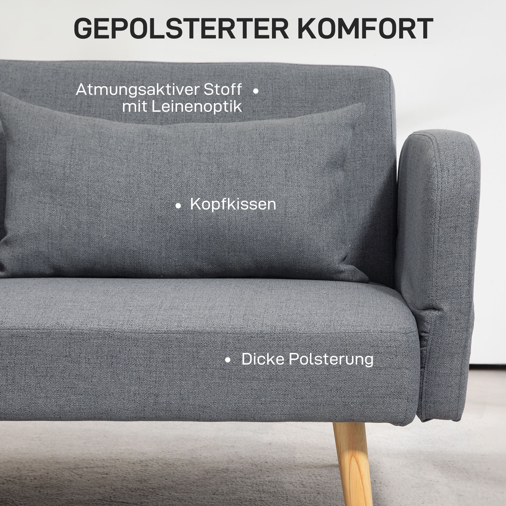 3-Sitzer Schlafsofa, Gäste-Doppelbett, bis 240 kg, Klapplehnen, Holzrahmen, 170 x 83 x 80 cm, Grau