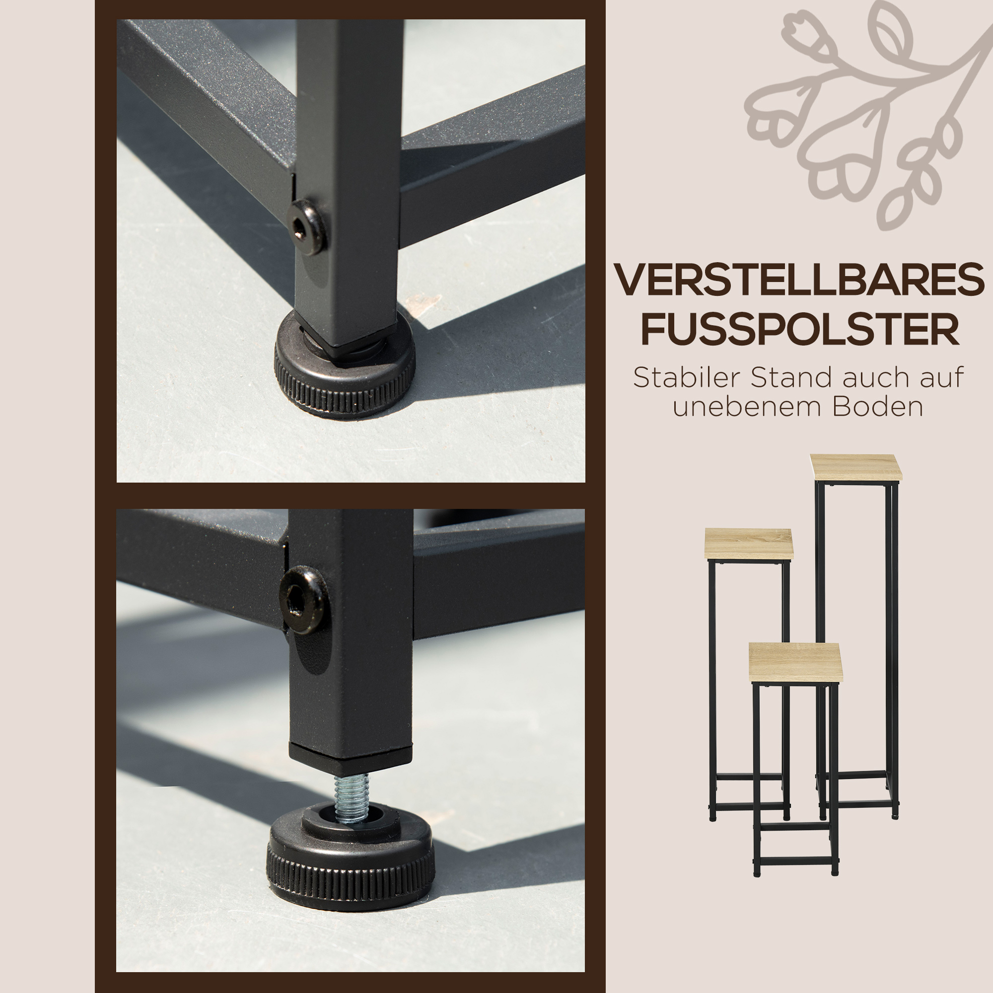 3-teiliges Set Pflanzenständer stapelbar platzsparend 21 cm x 21 cm x 50/70/90 cm Stahl Braun + Schwarz