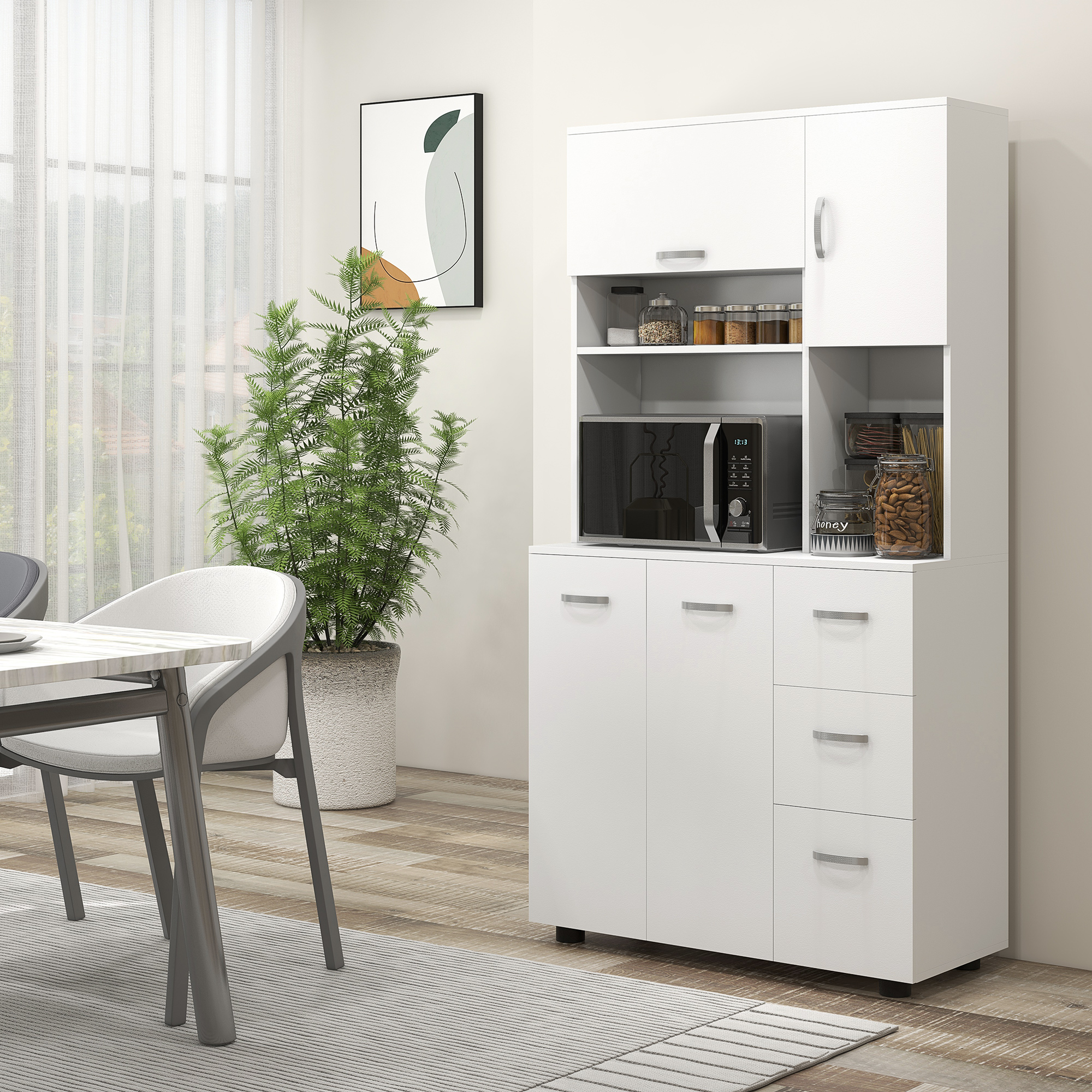 Küchenschrank, Buffet, 3 Schubladen, 3 Regale, viel Stauraum, 89x39,5x168cm, Weiß