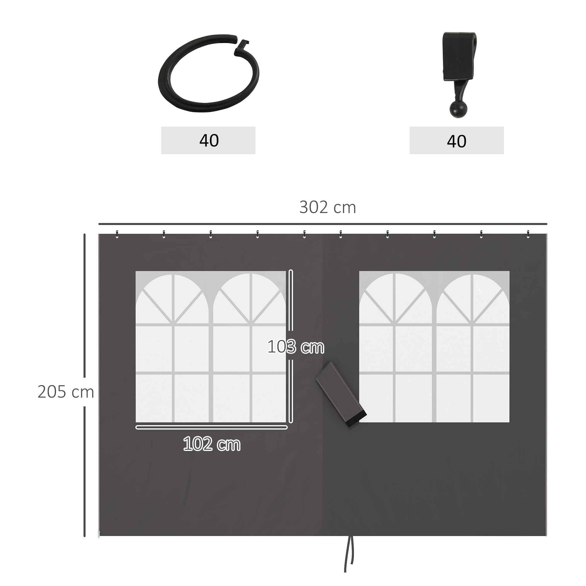 Pavillon-Seitenwände, 4 Seitenwand-Paneele für Gartenpavillon, mit Reißverschluss, 3 x 4 m Pavillon, Dunkelgrau
