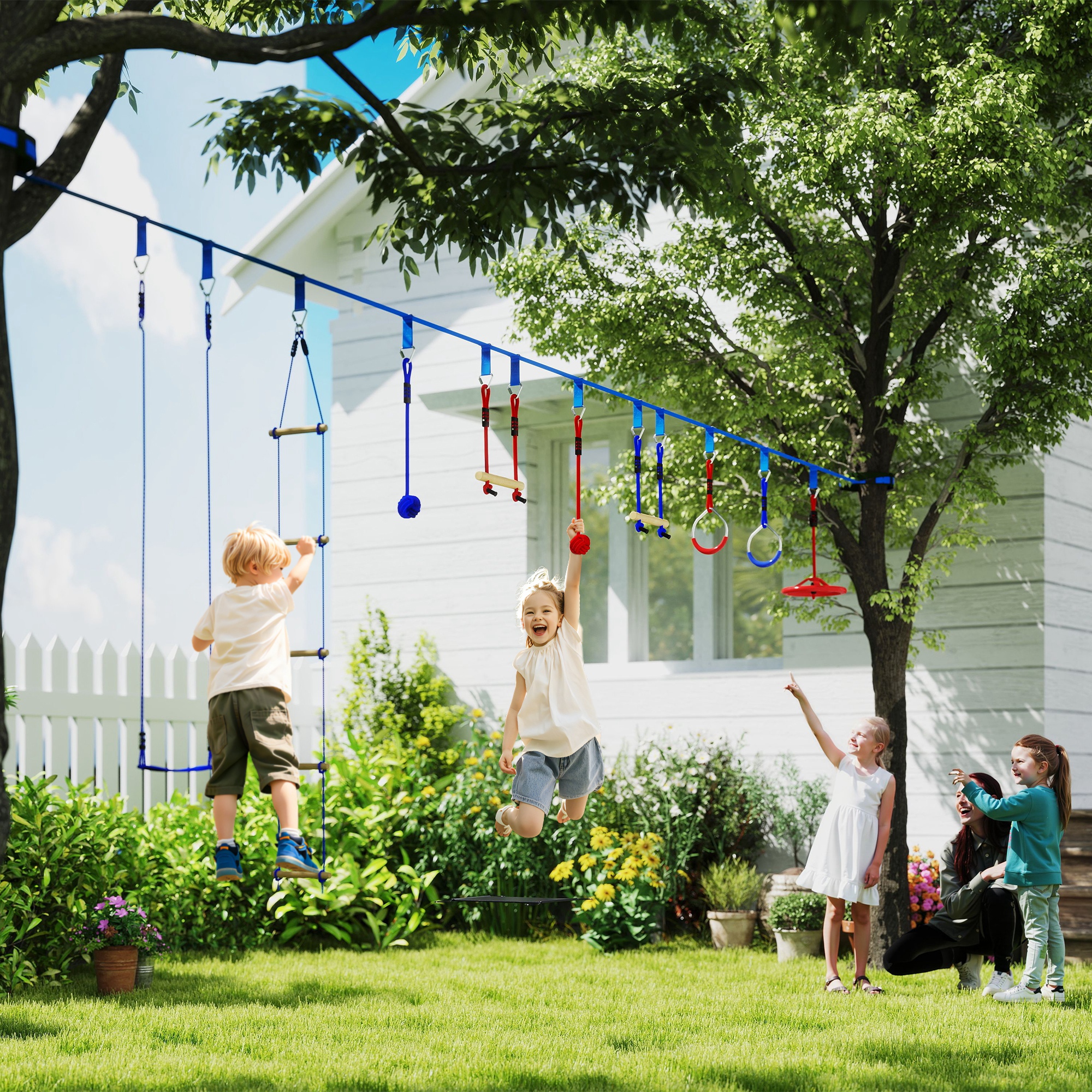 6 Seilrutschen-Kits für Kinder, 50 kg Belastbarkeit, 3-6 Jahre, Tragetasche, Blau