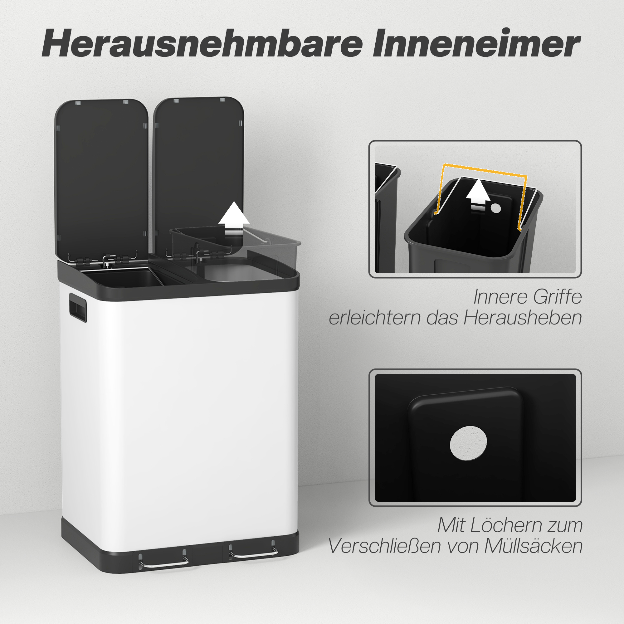 Doppelfach-Mülleimer, 2 x 30l, fingerabdruckresistent, Pedal, herausnehmbare Inneneimer, Grau