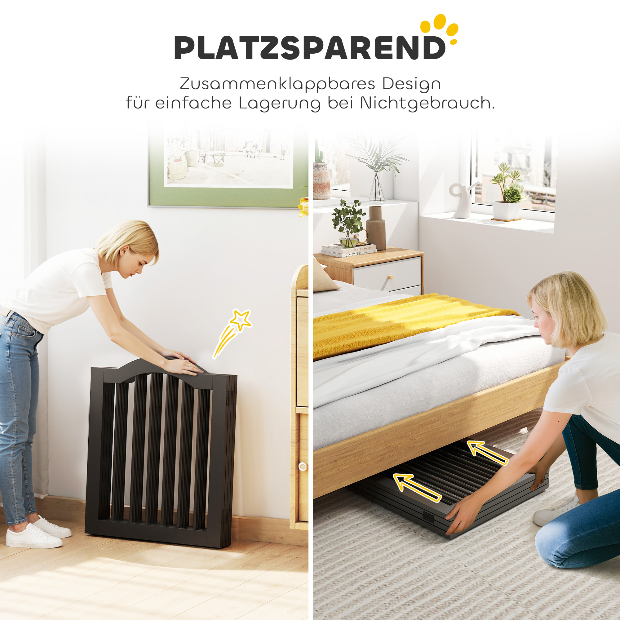 Absperrgitter Hund Freistehendes Schutzgitter mit Füßen, Klappbar Hundegitter, 4 Paneelen, 208 x 29,5 x 61 cm, Schwarz