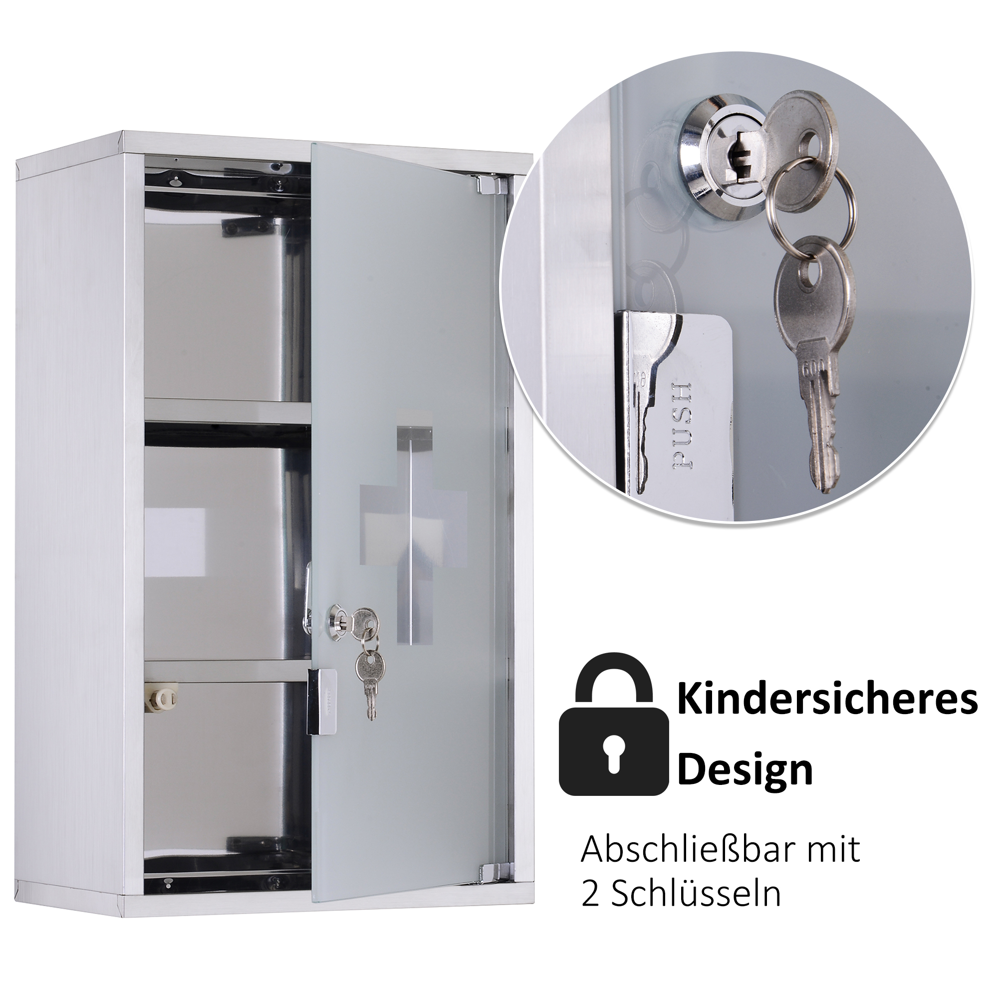 Medizinschrank Arzneischrank aus Edelstahl, Abschließbar Medikamentenschrank mit 3 Fächern, Glastür Apothekerschrank zur Medikamenten-Aufbewahrung, 30 x 18 x 50 cm