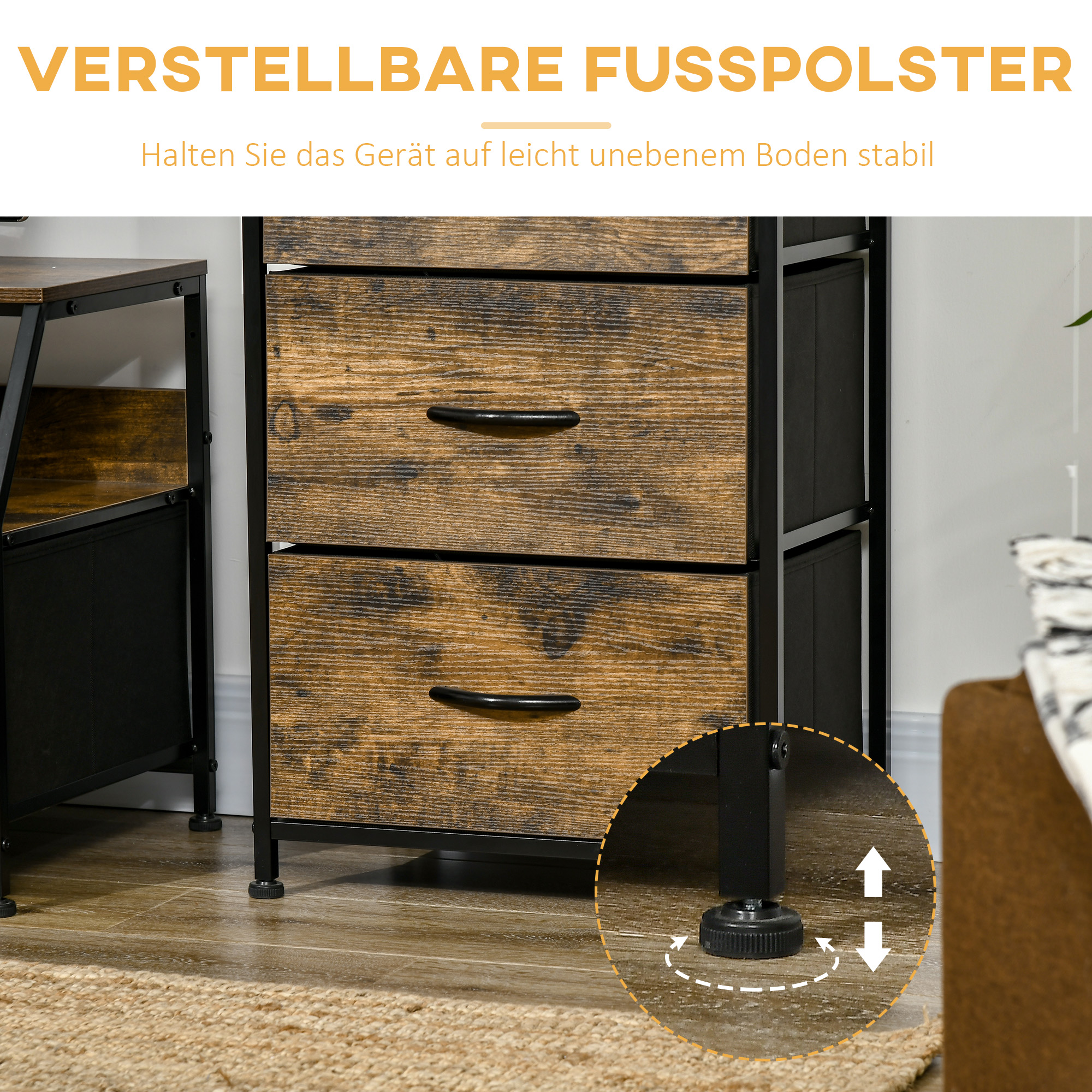 Aufbewahrungsschrank, Stoffschubladen, MDF-Regale, Stahlrahmen, Braun