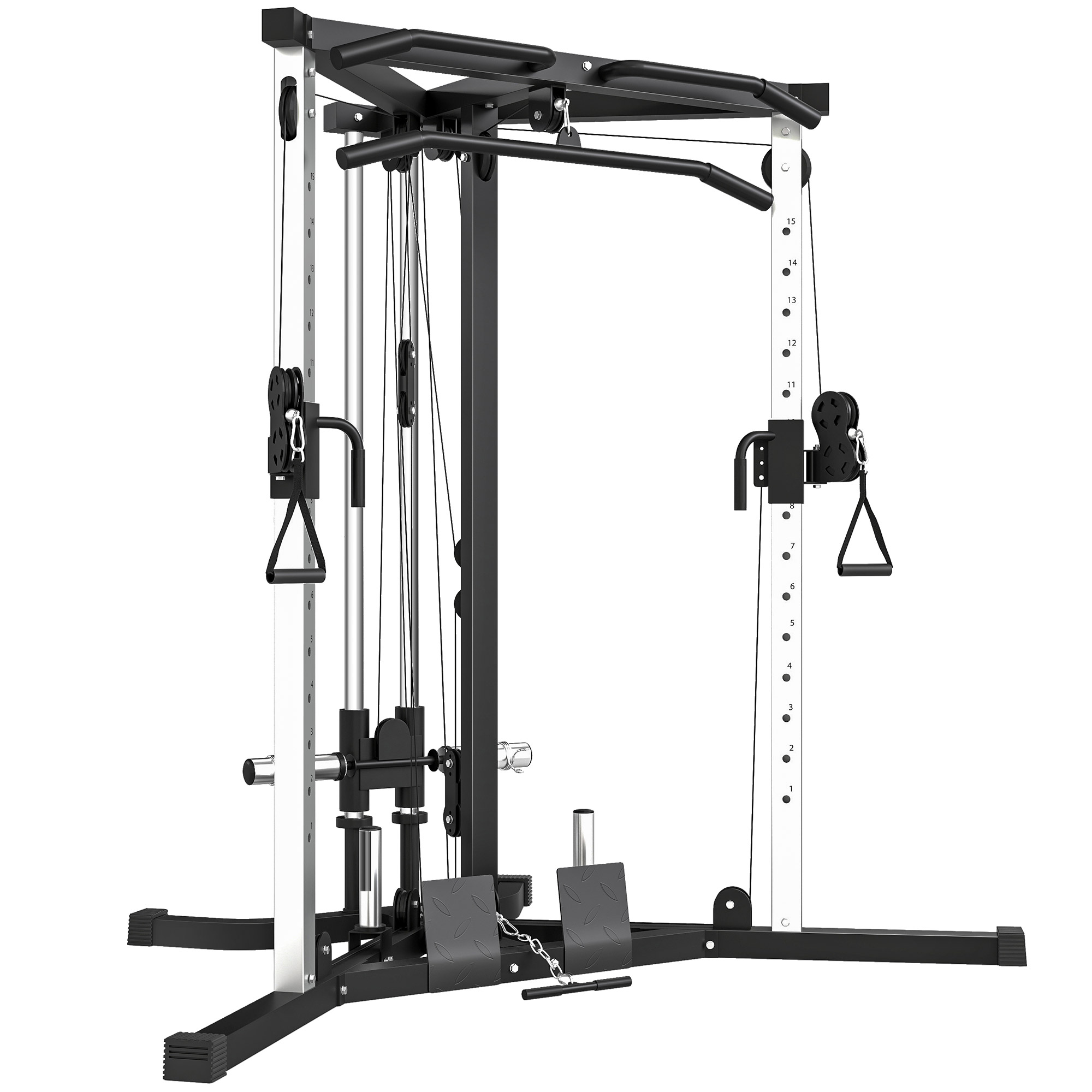 Kraftstation Fitnessstation mit Latzug, Klimmzugstange Curl-/Ruderstange Griffe, 15-fach verstellbar
