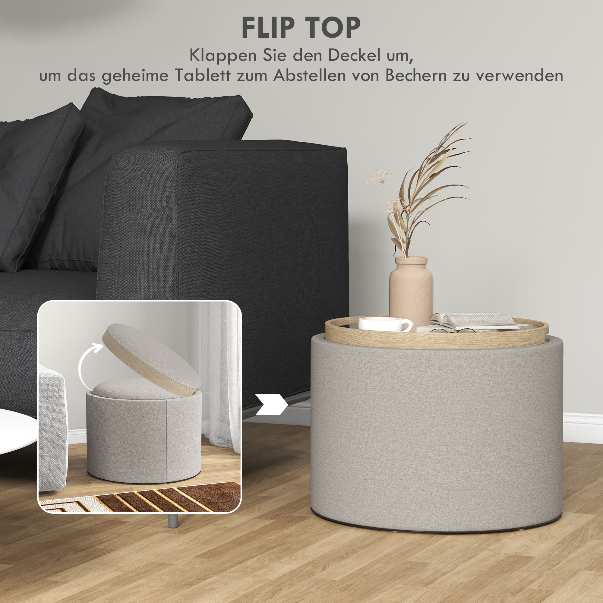 Hocker Polsterhocker, Leinen, versteckter Stauraum, umkehrbarer Deckel, 56cm x 56 cm x 42 cm, Hellgrau + Natur