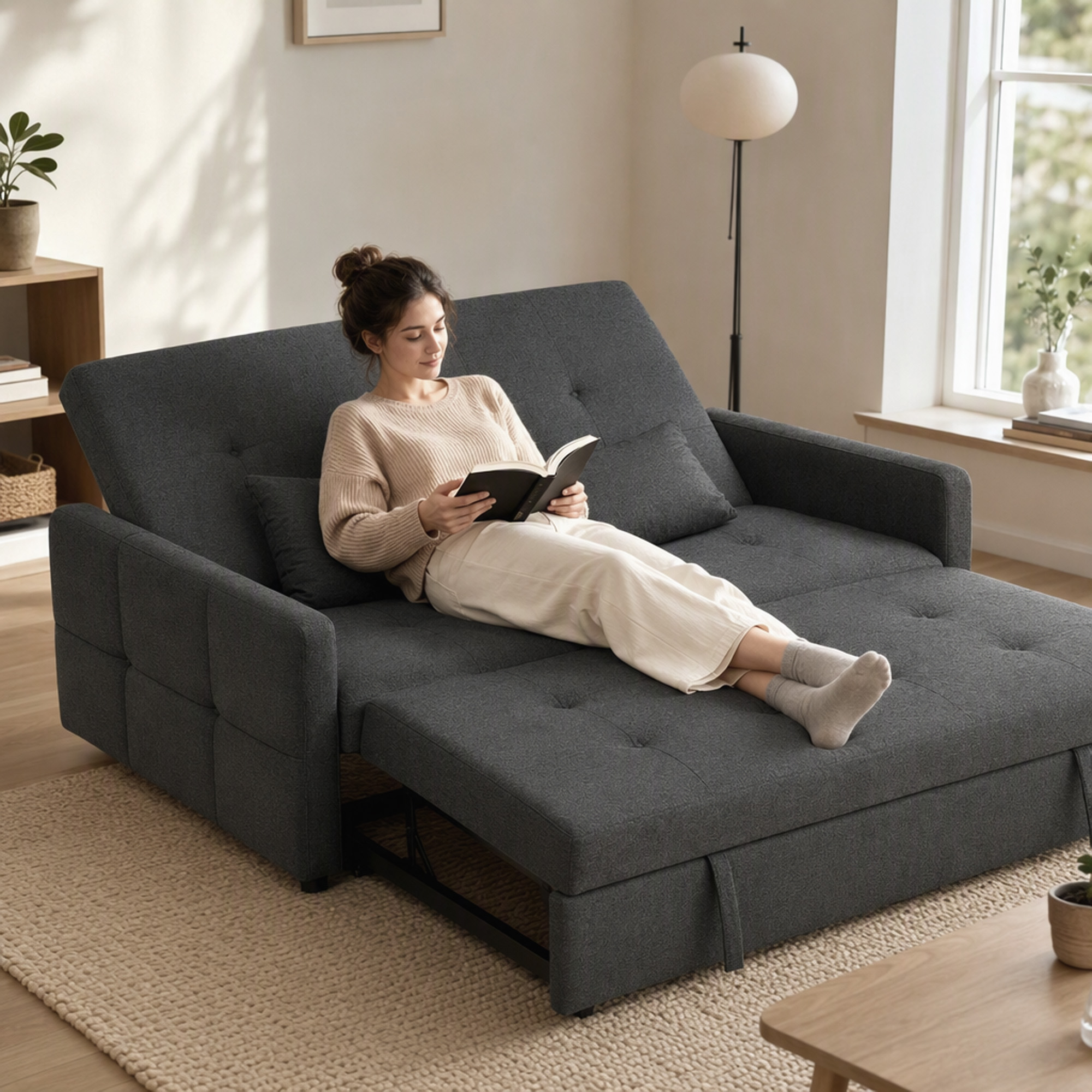 2-Sitzer-Schlafsofa, 3-in-1 Ausziehsofa mit verstellbarer Rückenlehne, breiter Sitzfläche, Dunkelgrau