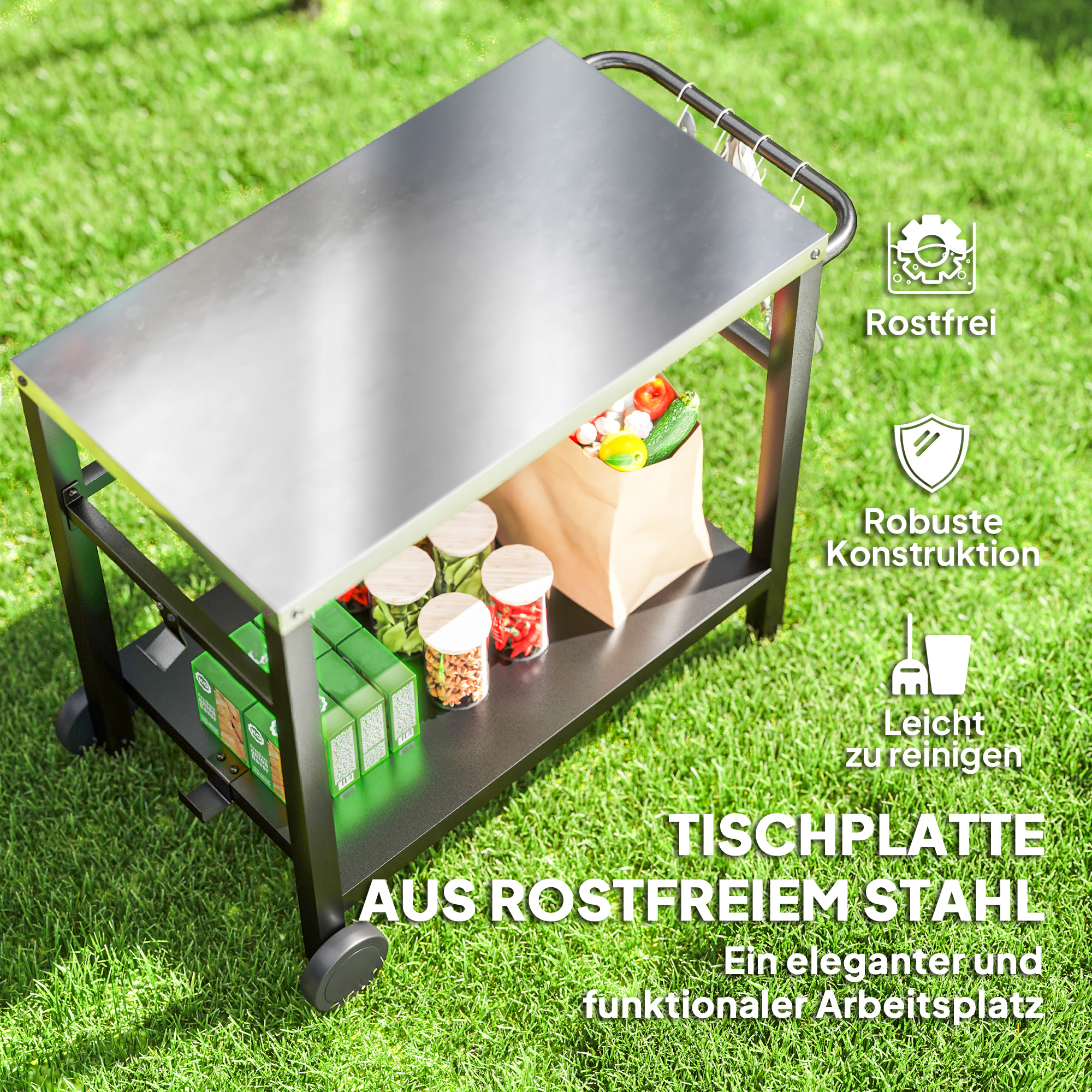 Grillwagen 2-Etagen Servierwagen mit Arbeitsfläche Ablagen Haken Räder Edelstahl 102 x 56 x 81cm