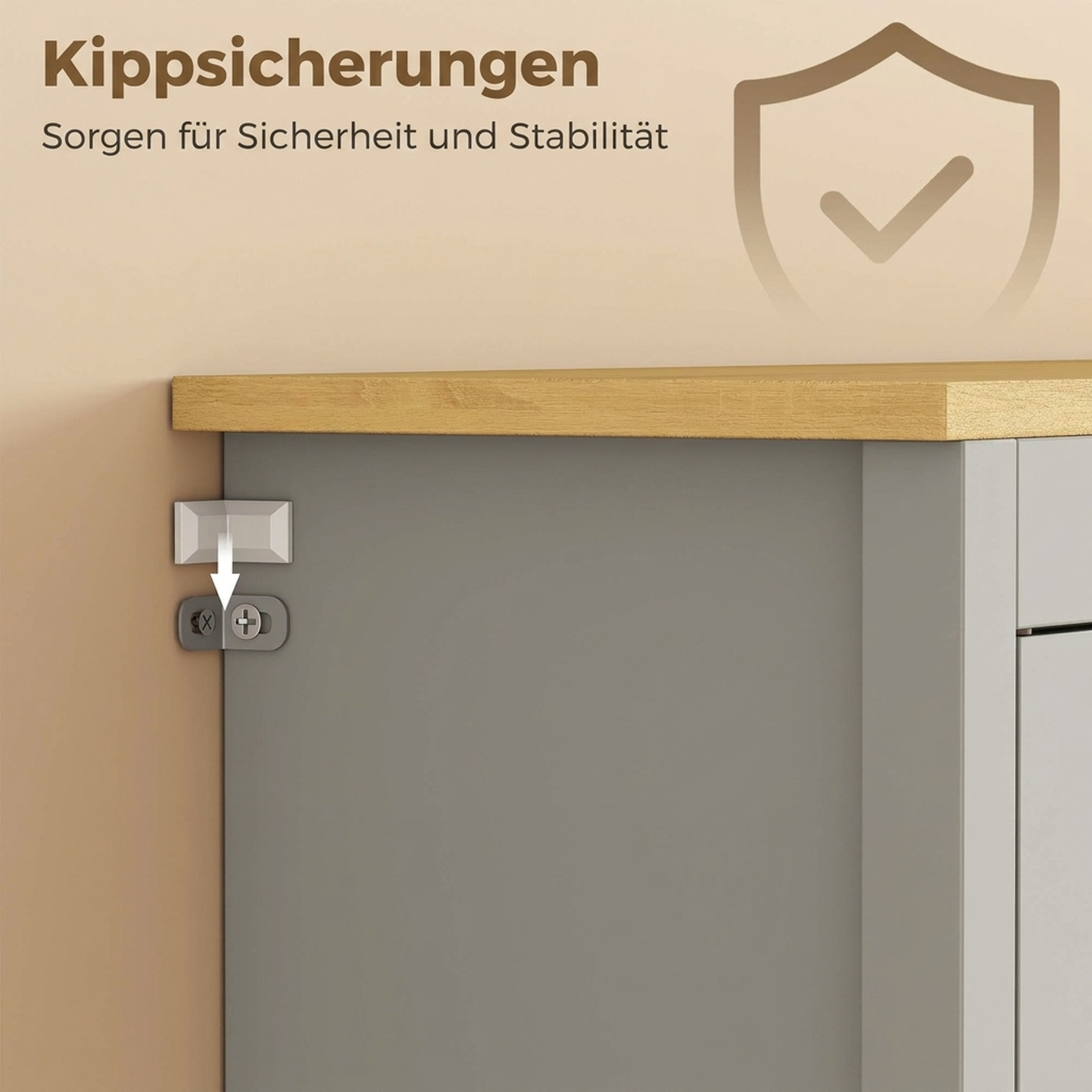 Vorratsschrank mit offener Arbeitsfläche und Kabeldurchlass, Küchenbuffet mit Glastüren Grau, 180cm