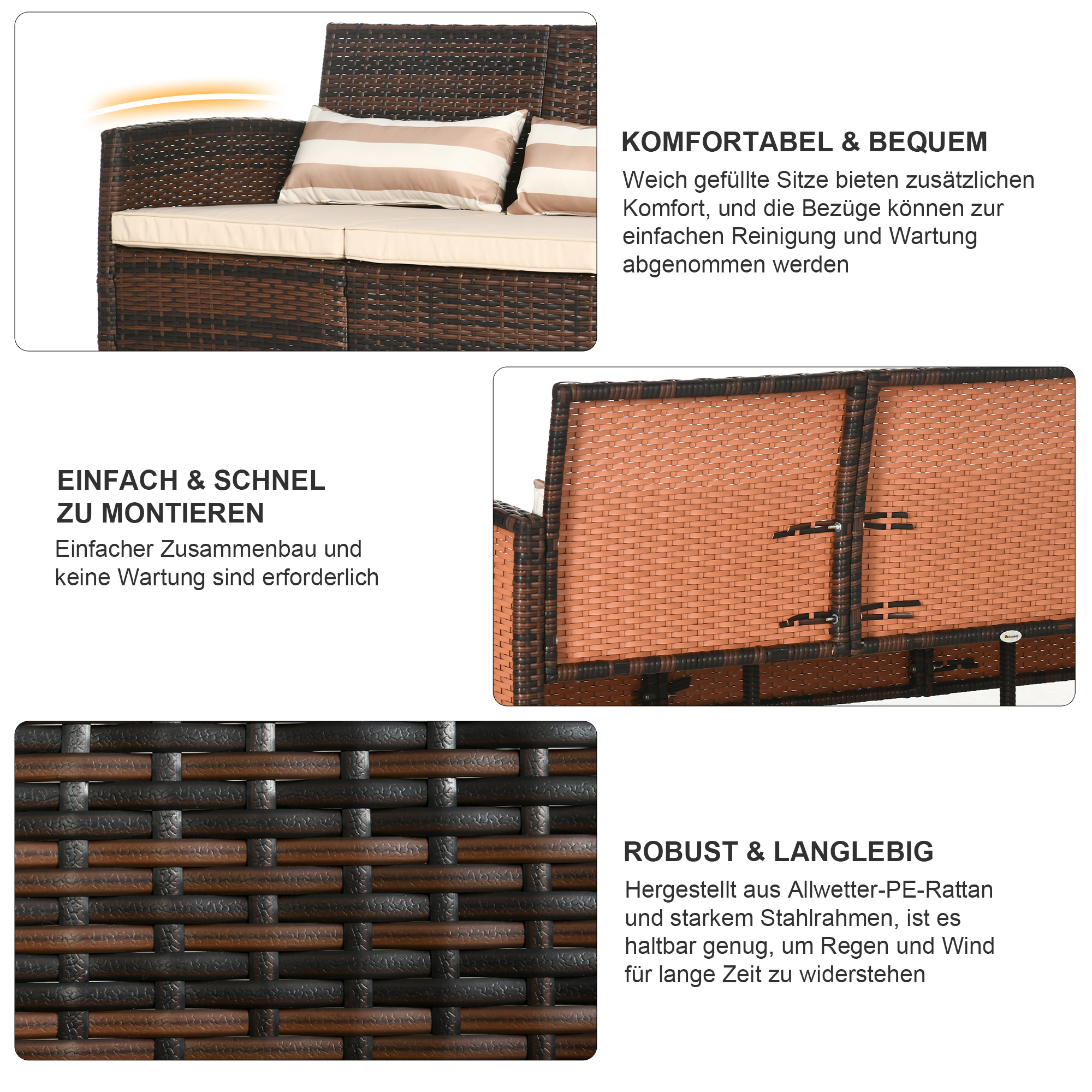 Rattan Sofa mit Kissen, Dreisitzer, Garten Loungesofa, Stahl, Braun, 173 x 68 x 78 cm