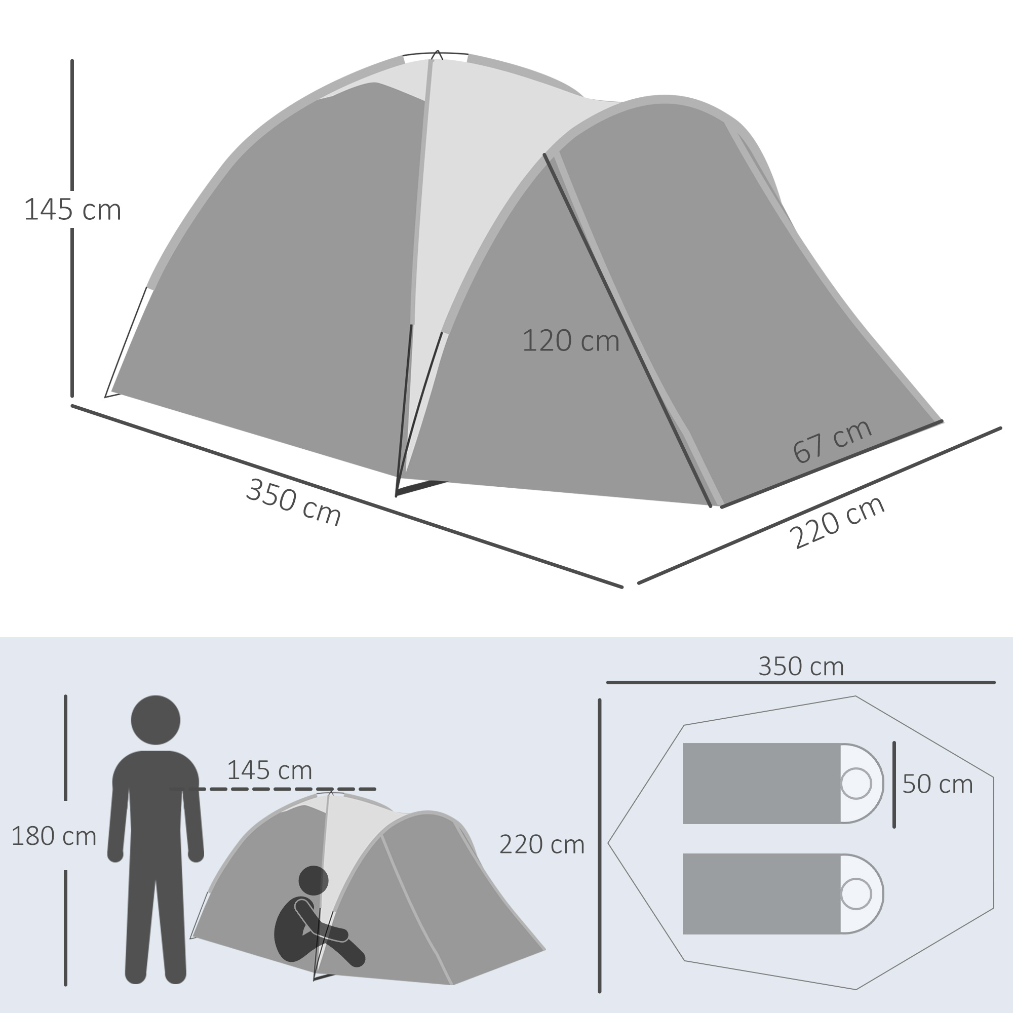 Campingzelt für 2-3 Personen Glasfaser Tür mit Reißverschluss Meshfenster inkl. Transporttasche Kuppelzelt 190T Kunstleder2000mm Glasfaser Grau