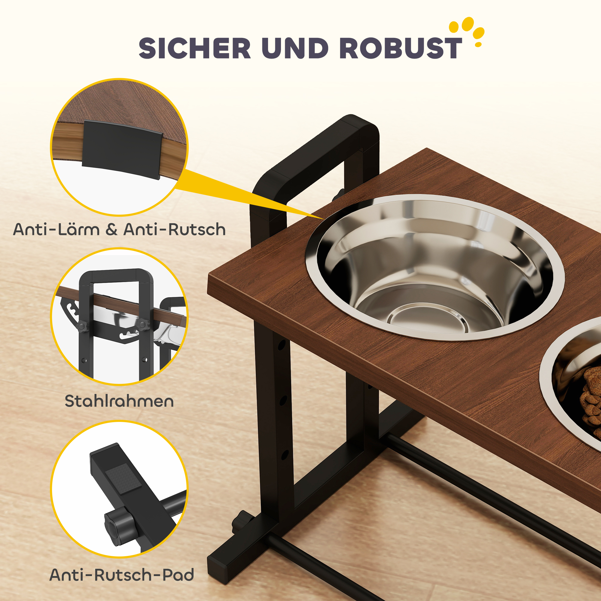 Hundenapf erhöht 4 höhenverstellbare Futternapf mit Ständer, 2 x 1,2 L Edelstahlnäpfen, 3 einstellbaren Winkeln, Braun