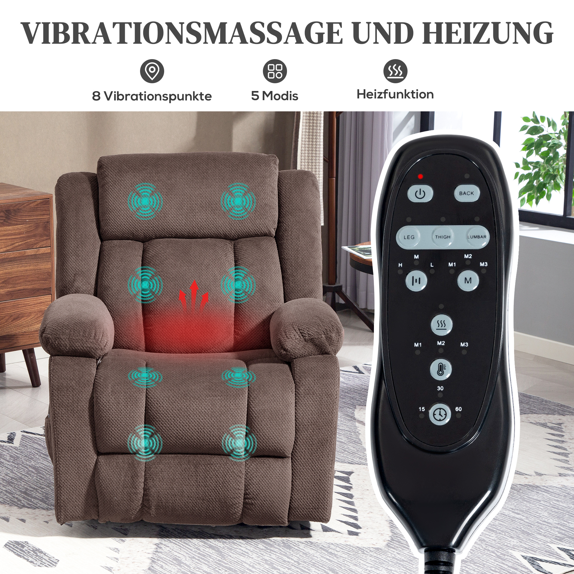 Massage-Sessel, 8 Vibrationspunkte, 5 Modi, Lendenheizung, verstellbar, drehbar, Polstersessel, Braun