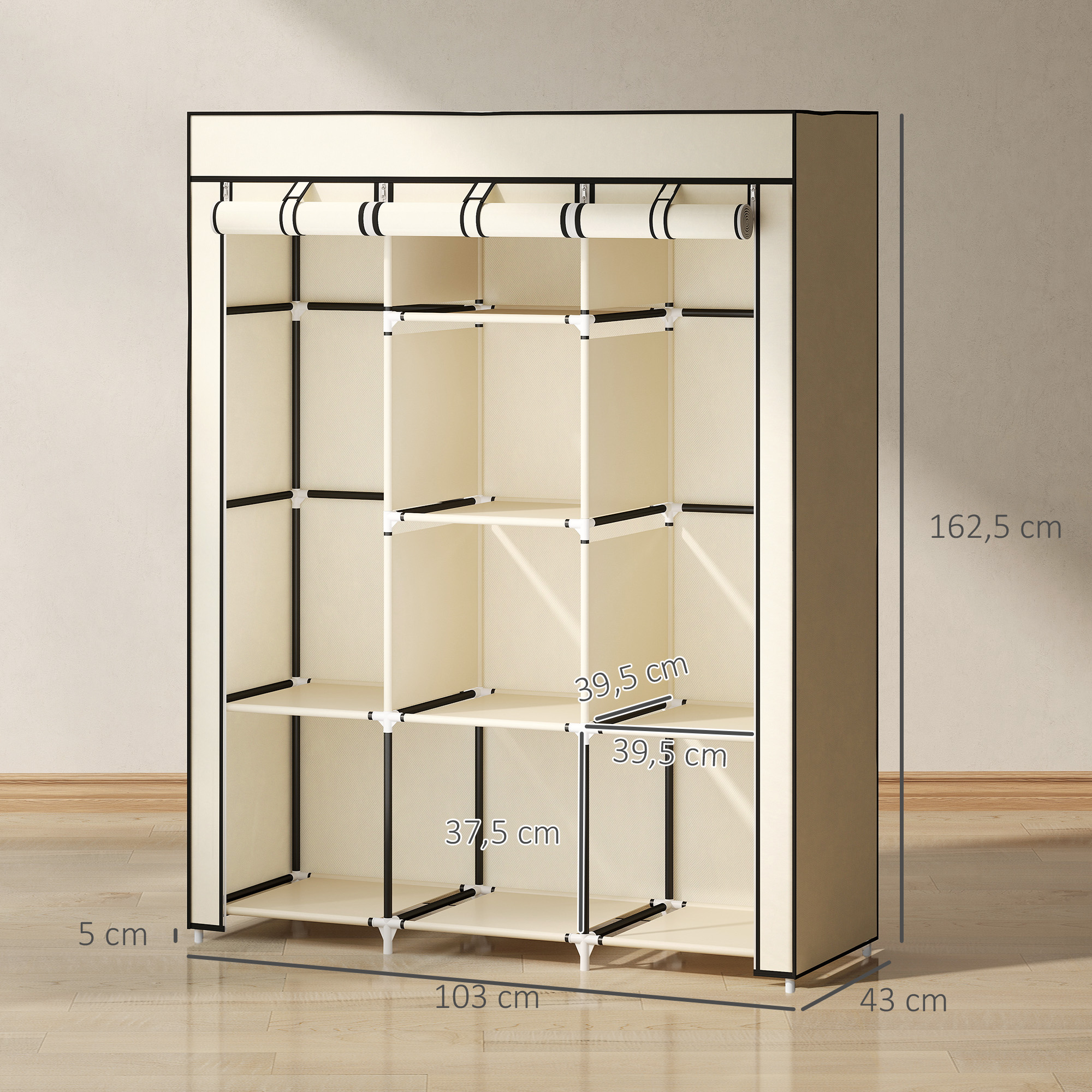 Schrank aus Stoff, Aufbewahrungslösung, 8 Regale, 2 Kleiderstangen, Cremeweiß